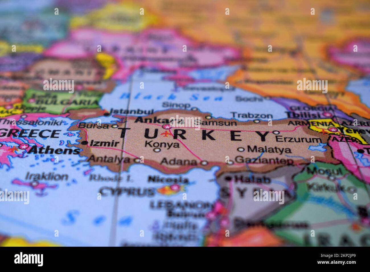 Turquie Voyage concept pays Nom sur la carte politique monde très macro gros plan Voir stock Photograph Banque D'Images