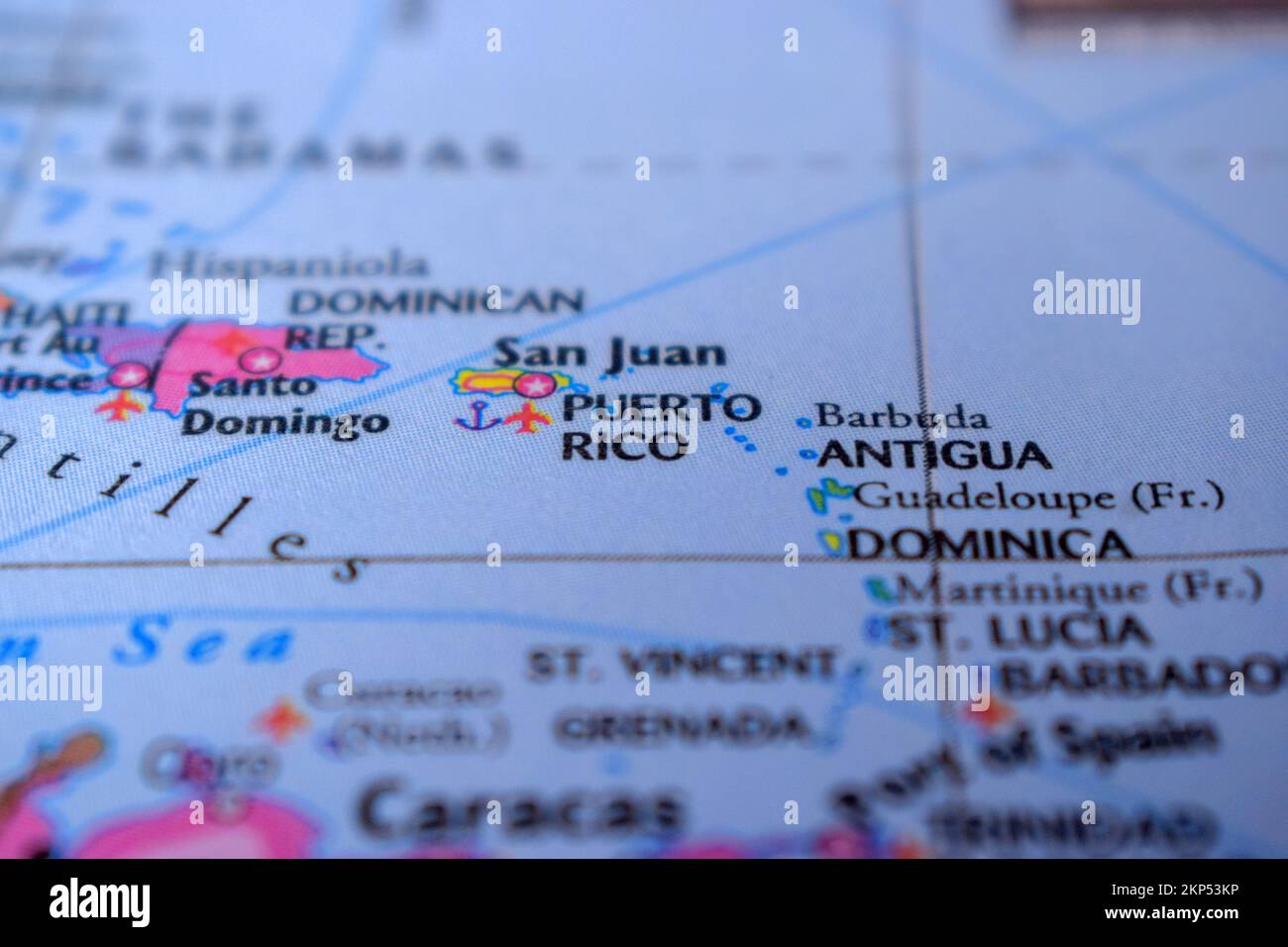 Porto Rico Travel concept Nom du pays sur la carte du monde politique très macro gros plan Voir stock Photograph Banque D'Images