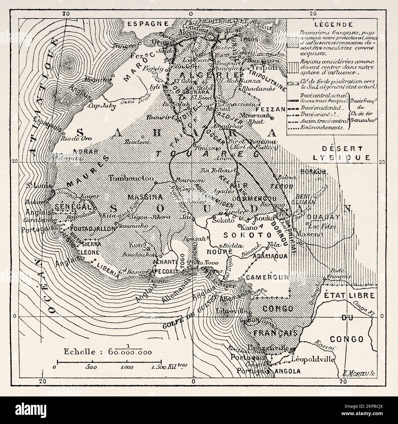Carte de l'Afrique française et des principales traces des chemins de fer trans-sahariens, Afrique. Ancienne illustration gravée du 19th siècle de la nature 1890 Banque D'Images