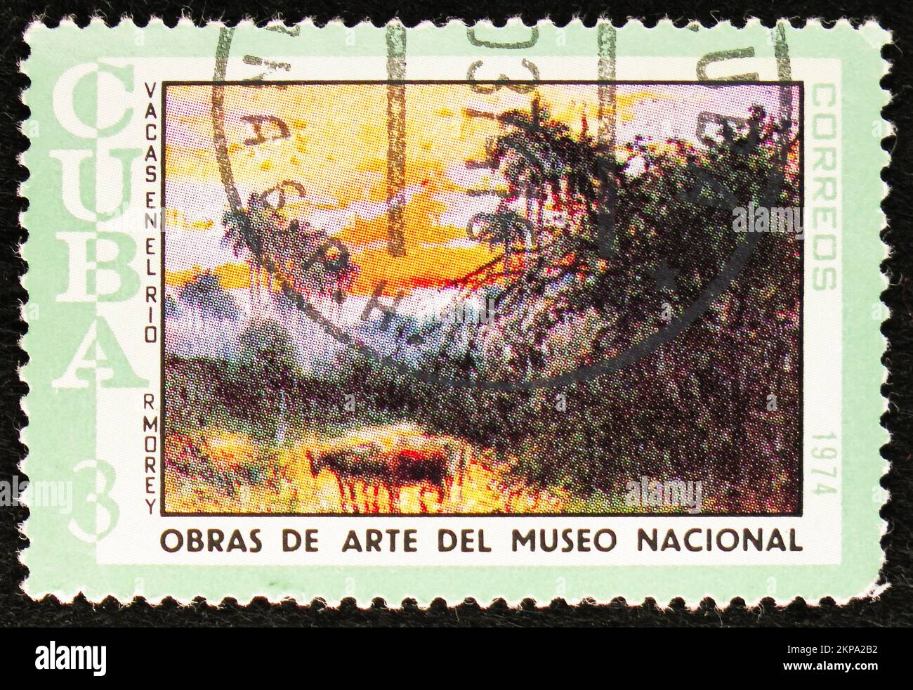 MOSCOU, RUSSIE - 29 OCTOBRE 2022 : le timbre-poste imprimé à Cuba montre R. Morey, Cattle in River, peintures de la série du Musée national (1974), cir Banque D'Images
