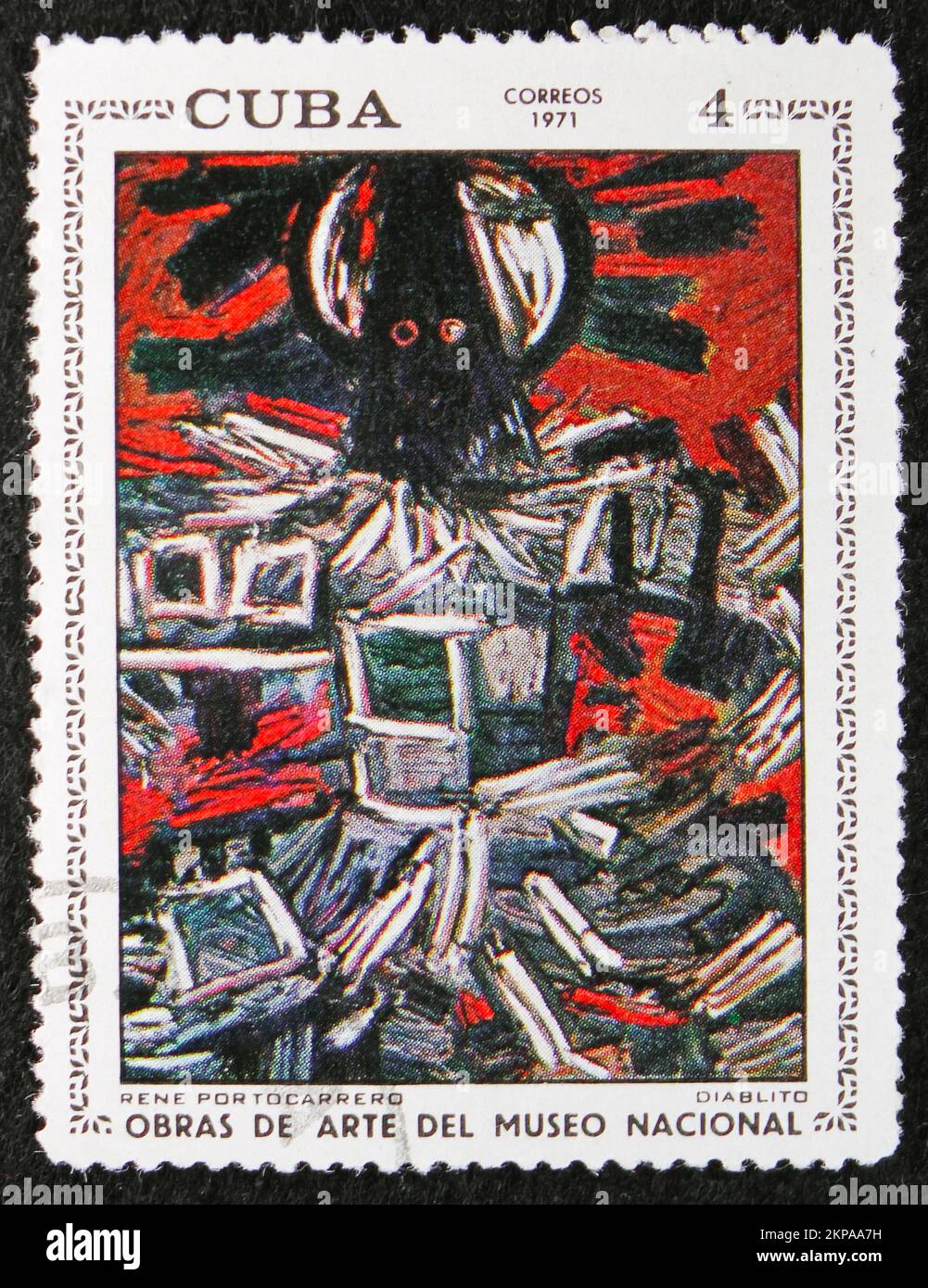 MOSCOU, RUSSIE - 29 OCTOBRE 2022 : le timbre-poste imprimé à Cuba montre Rene Portocarrero: Little Devil, peintures du Musée national (1971) seri Banque D'Images