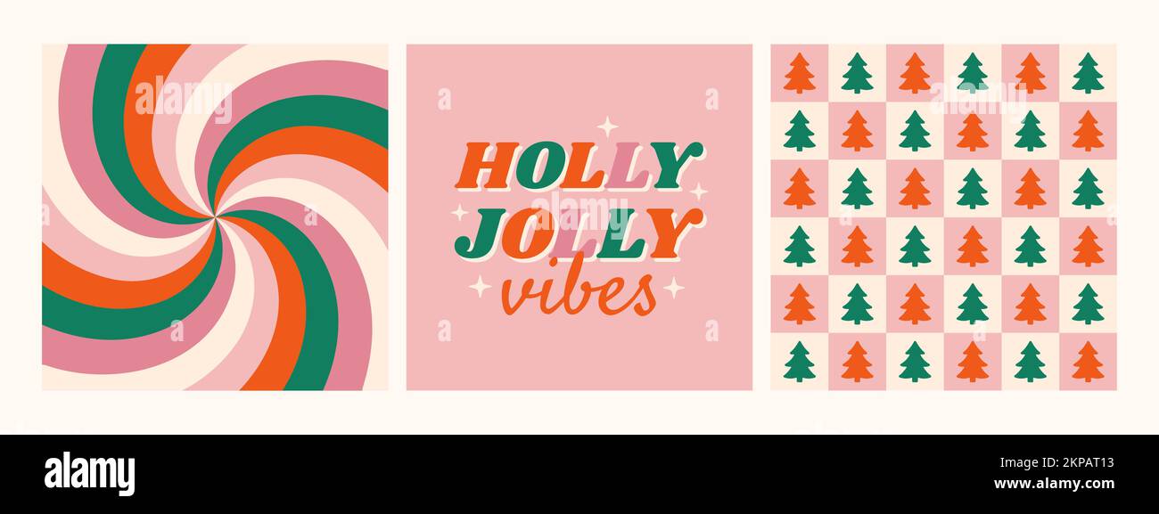 Collection de fond rétro 70s hippie de Noël. Holly Jolly Vibes expression avec des fonds d'écran à carreaux et tourbillons. Illustration vectorielle Illustration de Vecteur