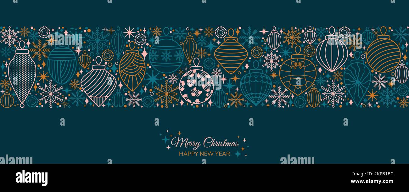 Joyeux Noël et bonne année conception horizontale de bannière. Décorations géométriques pour arbres de Noël et illustration vectorielle à motif flocons de neige. Site Web Illustration de Vecteur