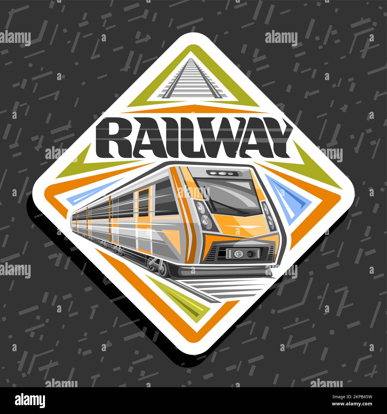 Logo Vector pour le chemin de fer, panneau décoratif de rhombus avec illustration du train orange qui se précipite par chemin de fer, étiquette d'expédition avec une typographie unique en forme de pinceau Illustration de Vecteur