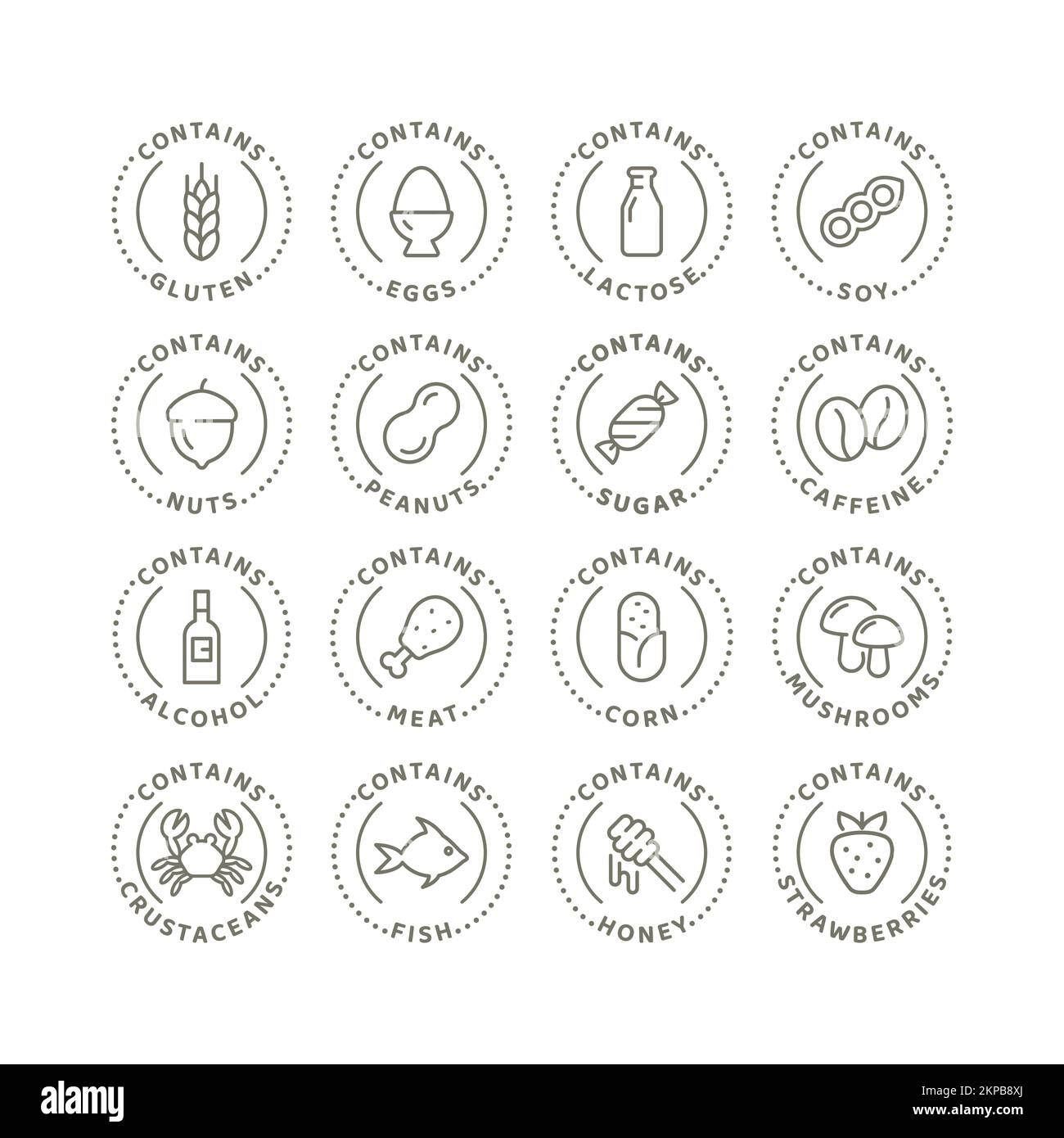 Ensemble d'icônes vecteur d'ingrédients alimentaires et d'allergènes. Contient l'ensemble d'étiquettes de marquage au gluten, au lactose et à l'alcool. Illustration de Vecteur