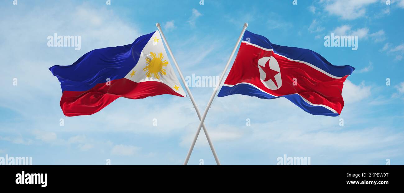 Deux drapeaux croisés la Corée du Nord et les Philippines agitant sous le vent à ciel nuageux. Concept de relation, de dialogue, de voyage entre deux pays. 3d 000 illu Banque D'Images