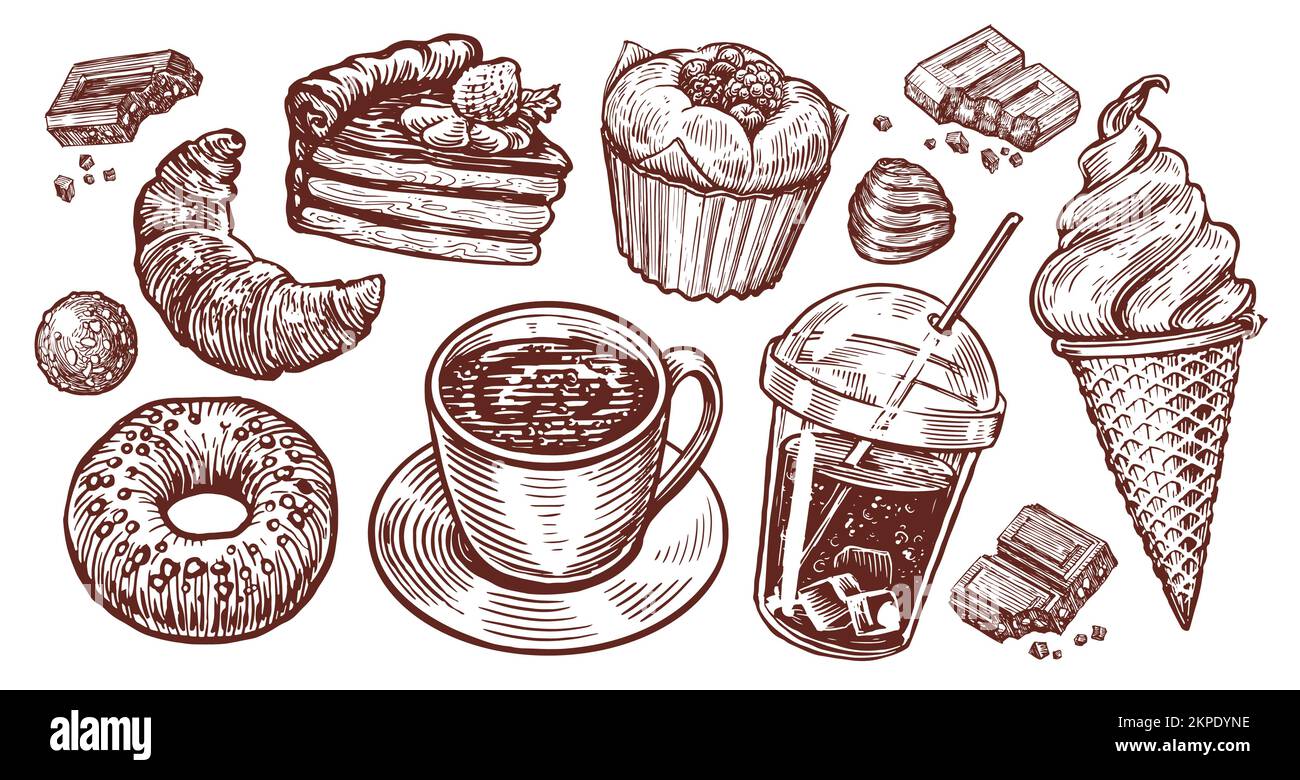 Thé de tasse, gâteau, beignet, cola, glace, cône, bonbons au chocolat, croquis de café. Dessert, set de mets sucrés illustration rétro Illustration de Vecteur