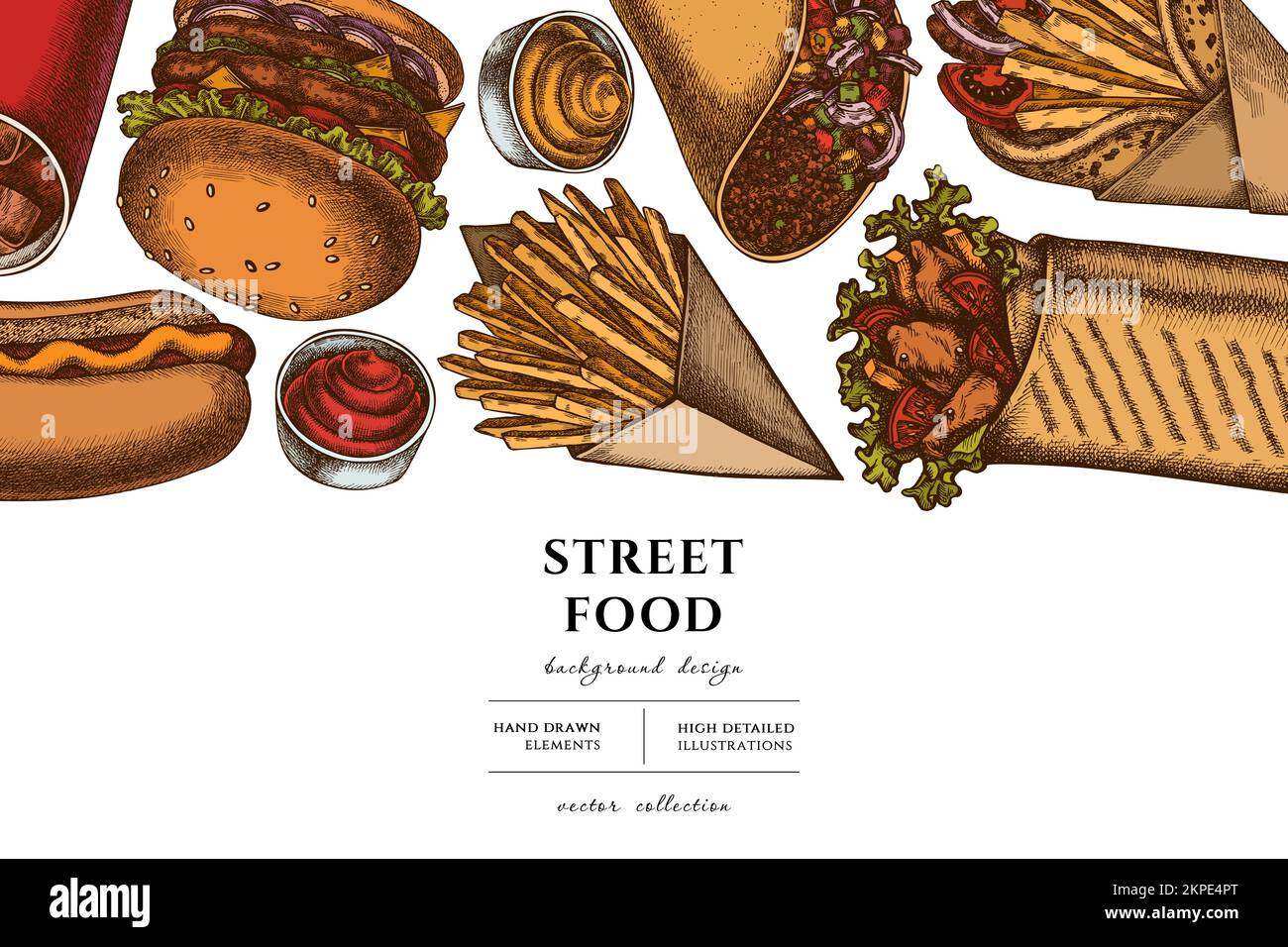 Décoration de rue dessinée à la main. Fond avec sauces rétro, soda, gyros, hamburger, taco, shawarma, frites, hot dog. Illustration de Vecteur