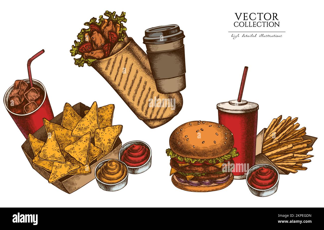 Collection d'illustrations vintage Street Food. Logos dessinés à la main avec sauces, nachos, soda, hamburger, shawarma, frites, gobelet en papier. Illustration de Vecteur