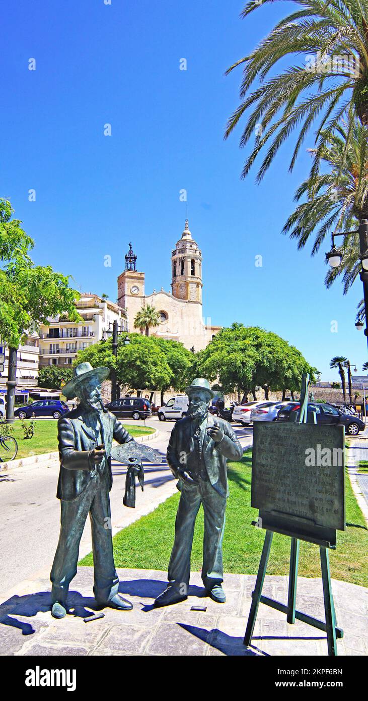 Sculpture hommage à Ramón Casas et Santiago Rusiñol dans un jardin de Sitges, Barcelone, Catalunya, Espagne, Europe Banque D'Images
