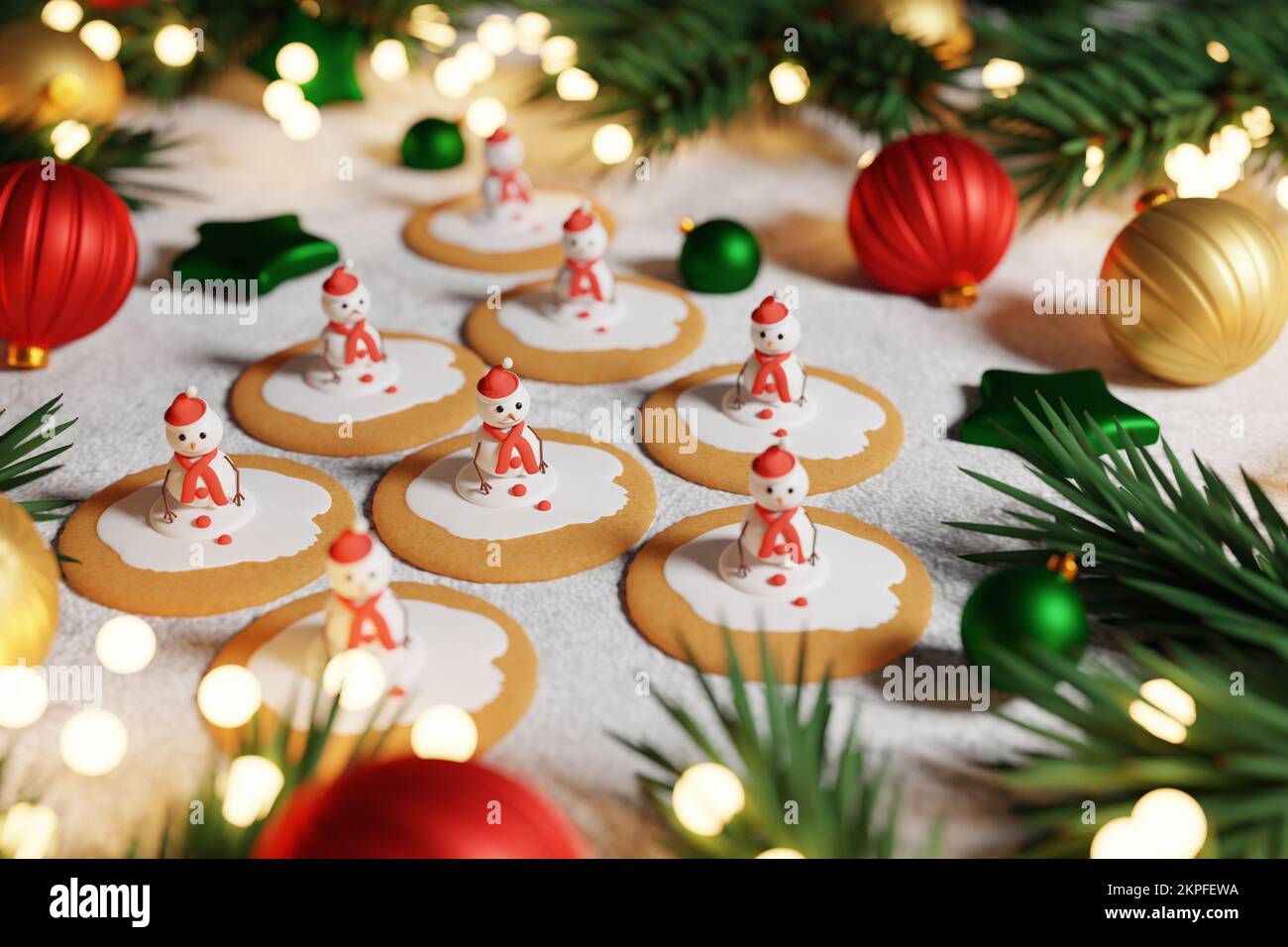 Biscuits de Noël en forme de bonhomme de neige sur fond blanc. 3D rendu Banque D'Images