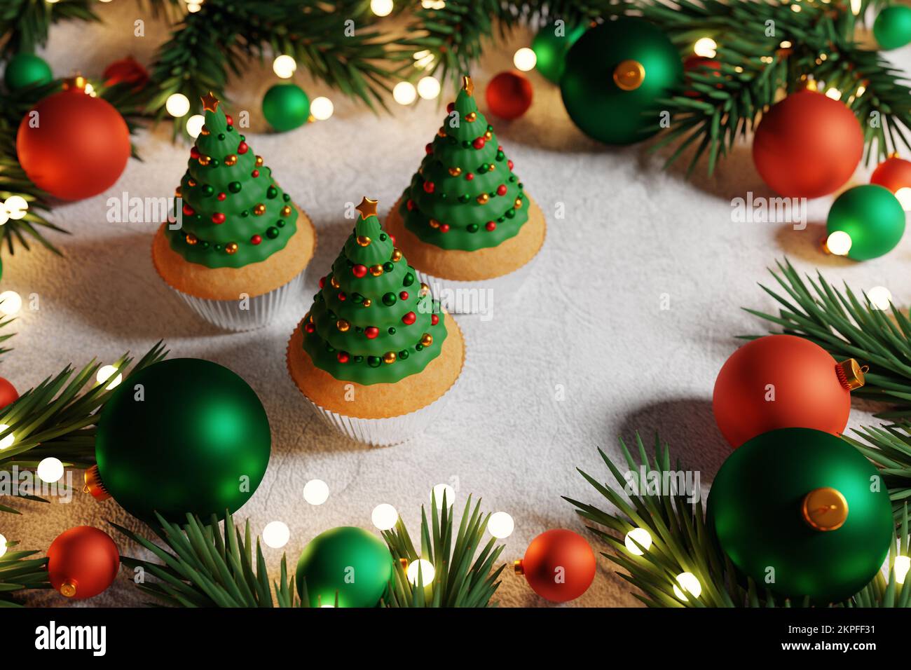 Petits gâteaux de sapin de Noël aux lumières de Noël. 3D rendu Banque D'Images
