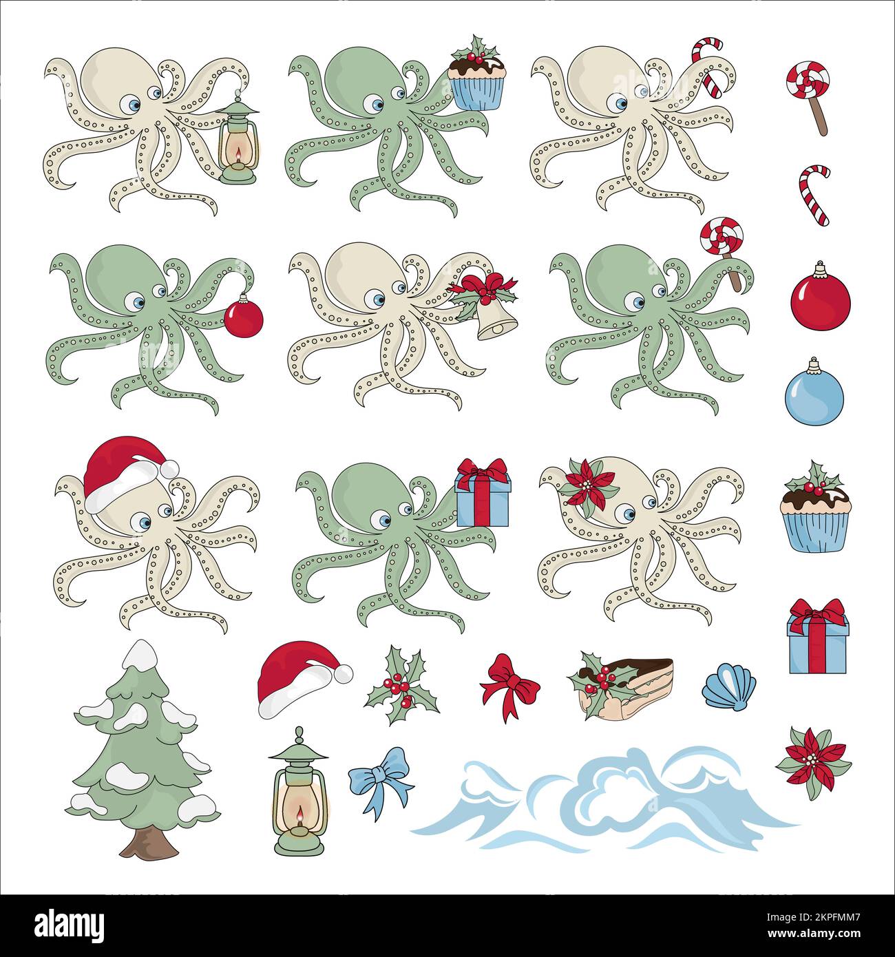 PIEUVRE CADEAU sous-marin animal marin Joyeux Noël nouvel an dessin animé Art Vector Illustration Set pour imprimer Illustration de Vecteur