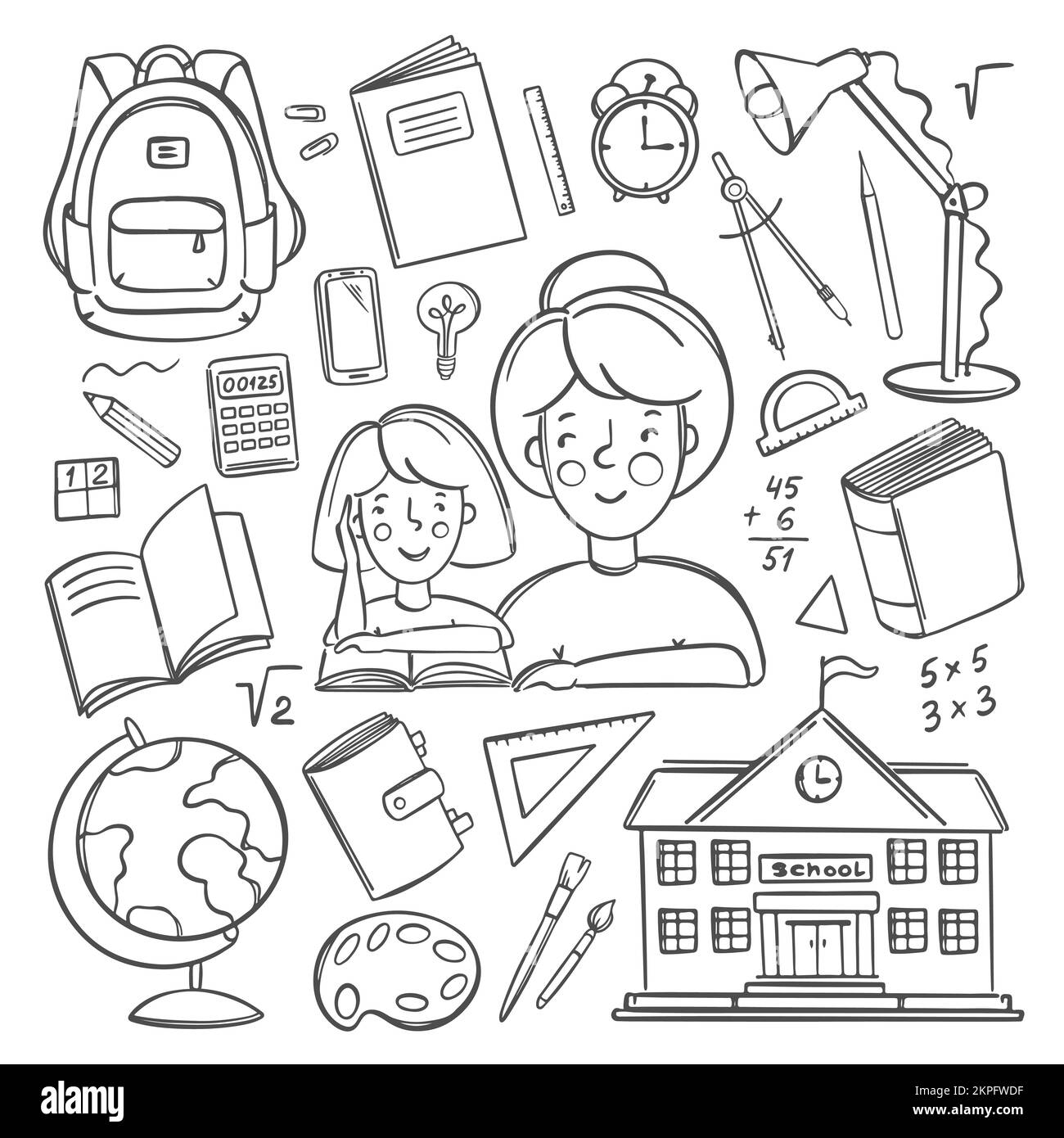 ÉCOLE EN LIGNE MONOCHROME Accueil éducation manuelle Vector Collection divers fournitures scolaires pour le concept apprentissage en ligne des élèves sur Internet I Illustration de Vecteur
