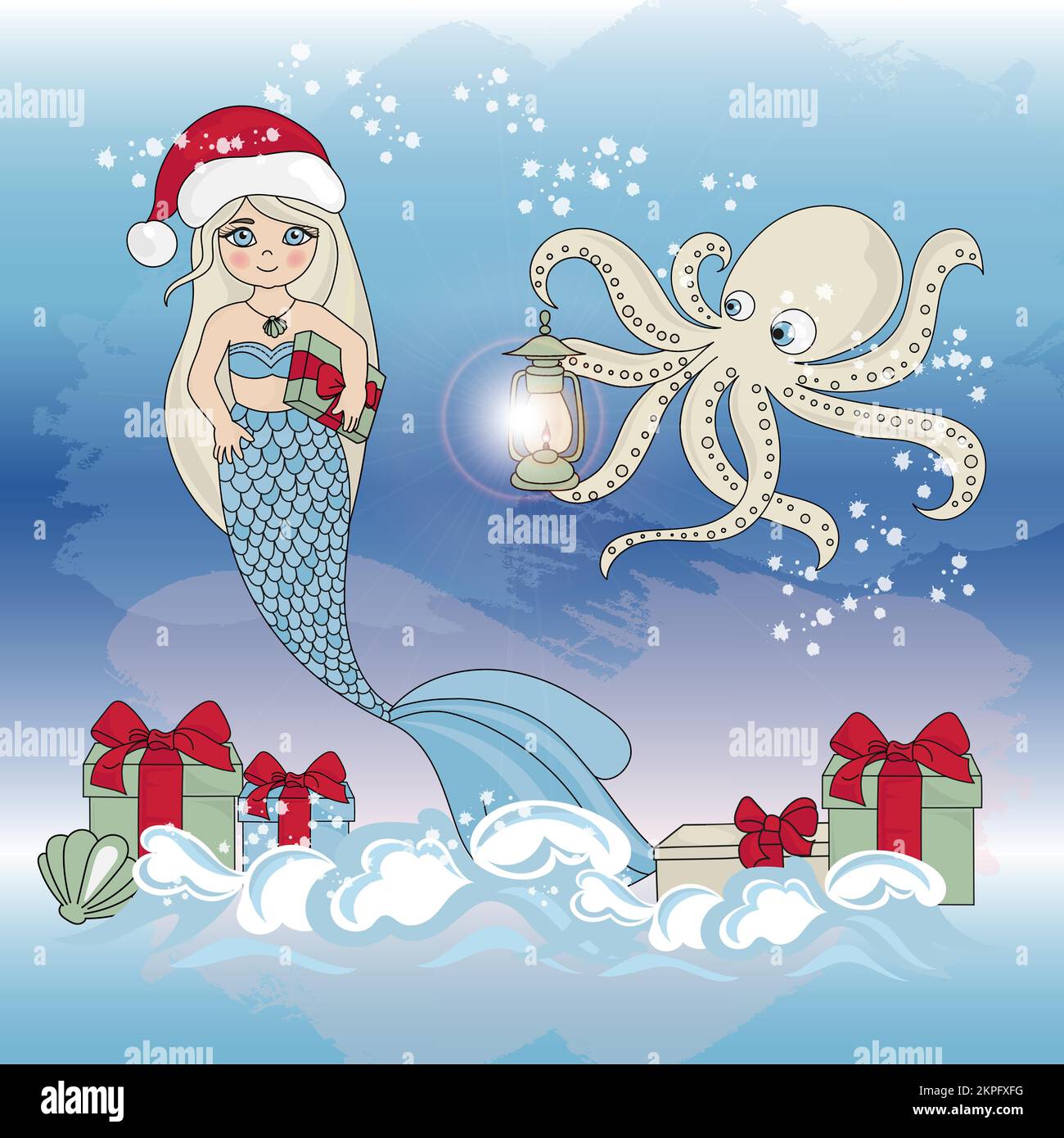 PIEUVRE CADEAU DE SIRÈNE mer sous-marin princesse fille à Santa Hat animal joyeux Noël nouvel an clip Art Vector Illustration Set pour imprimer Illustration de Vecteur