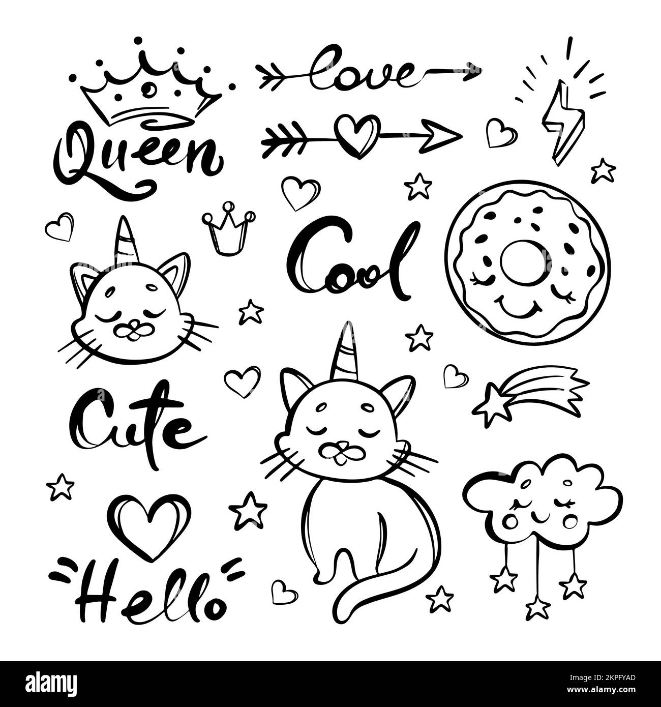 UNICORN CAT dessin à la main Doodle mignon Kitten Horn Head Donut Crown coeur Cloud manuscrit Mottos Monochrome Design Collection Cartoon Vector Illu Illustration de Vecteur