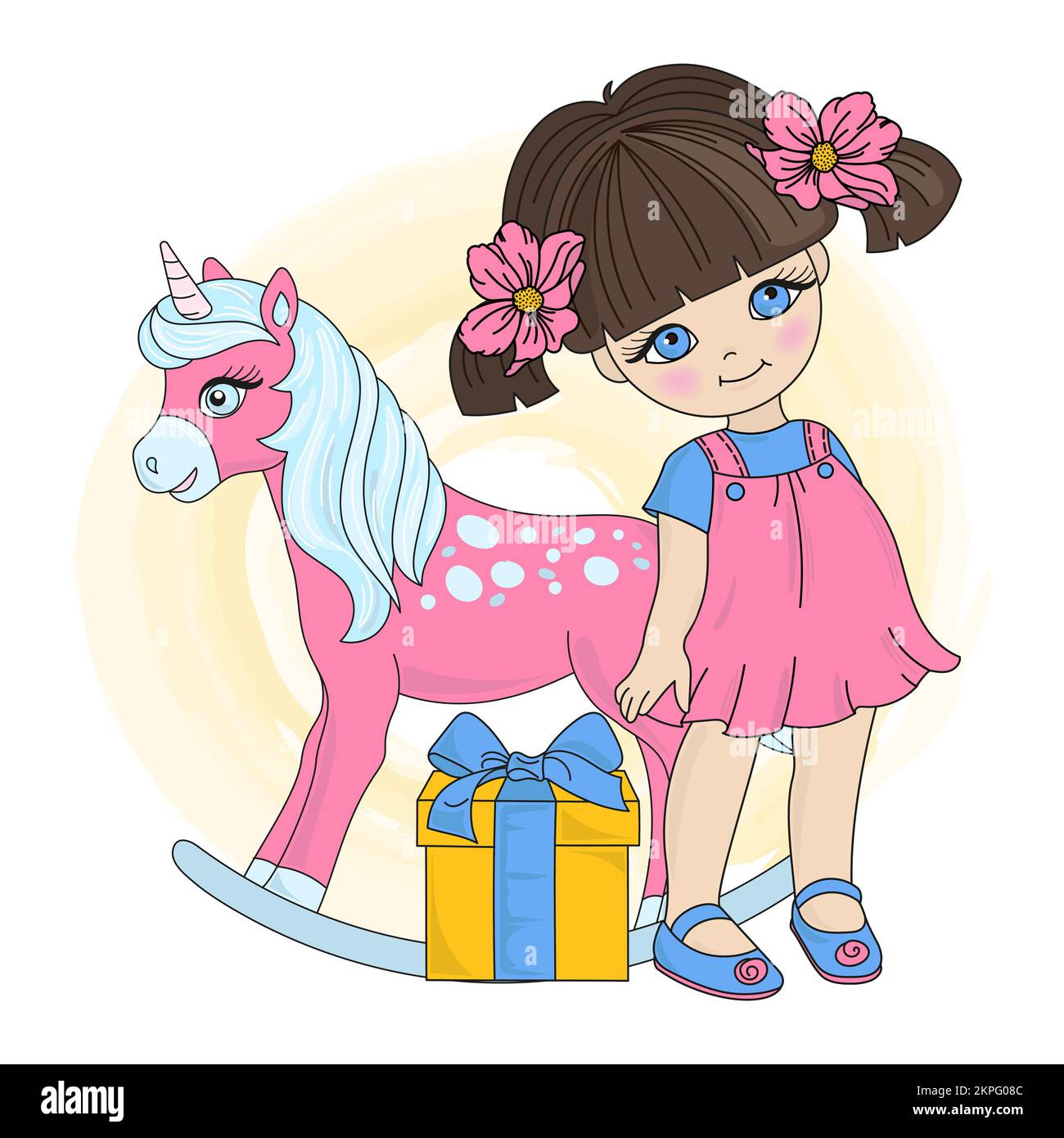 Licorne FILLE avec les yeux bleus et les fleurs roses dans les cheveux à côté de boîte cadeau et de chaise à bascule rose Foal dessin animé Art Vector Illustration Set pour l'impression Illustration de Vecteur