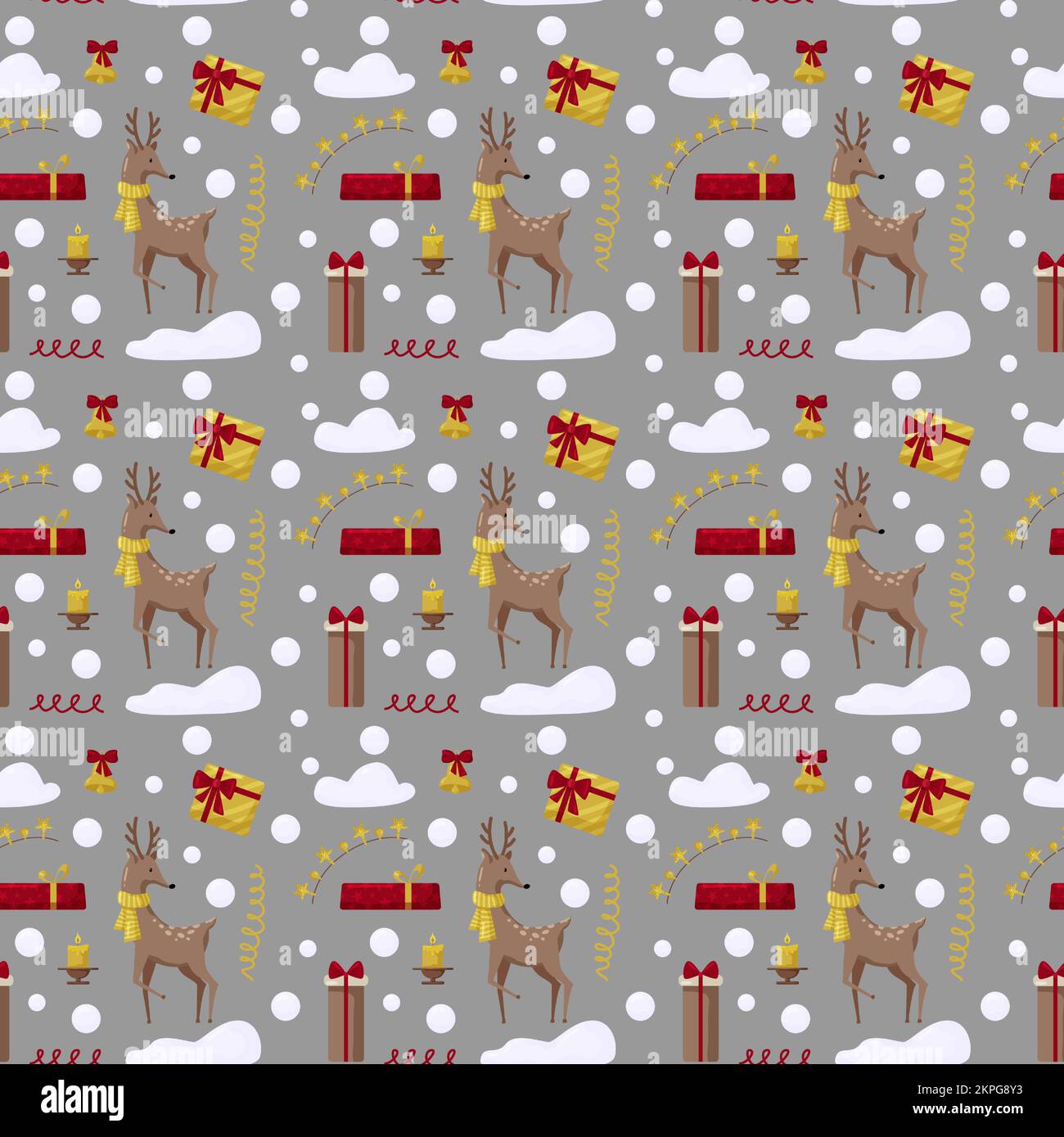 Motif de Noël avec sapin, père noël, décoration, cadeaux. Motif de Noël sans coutures idéal pour le textile, l'emballage, le papier peint et le design. Illustration de Vecteur