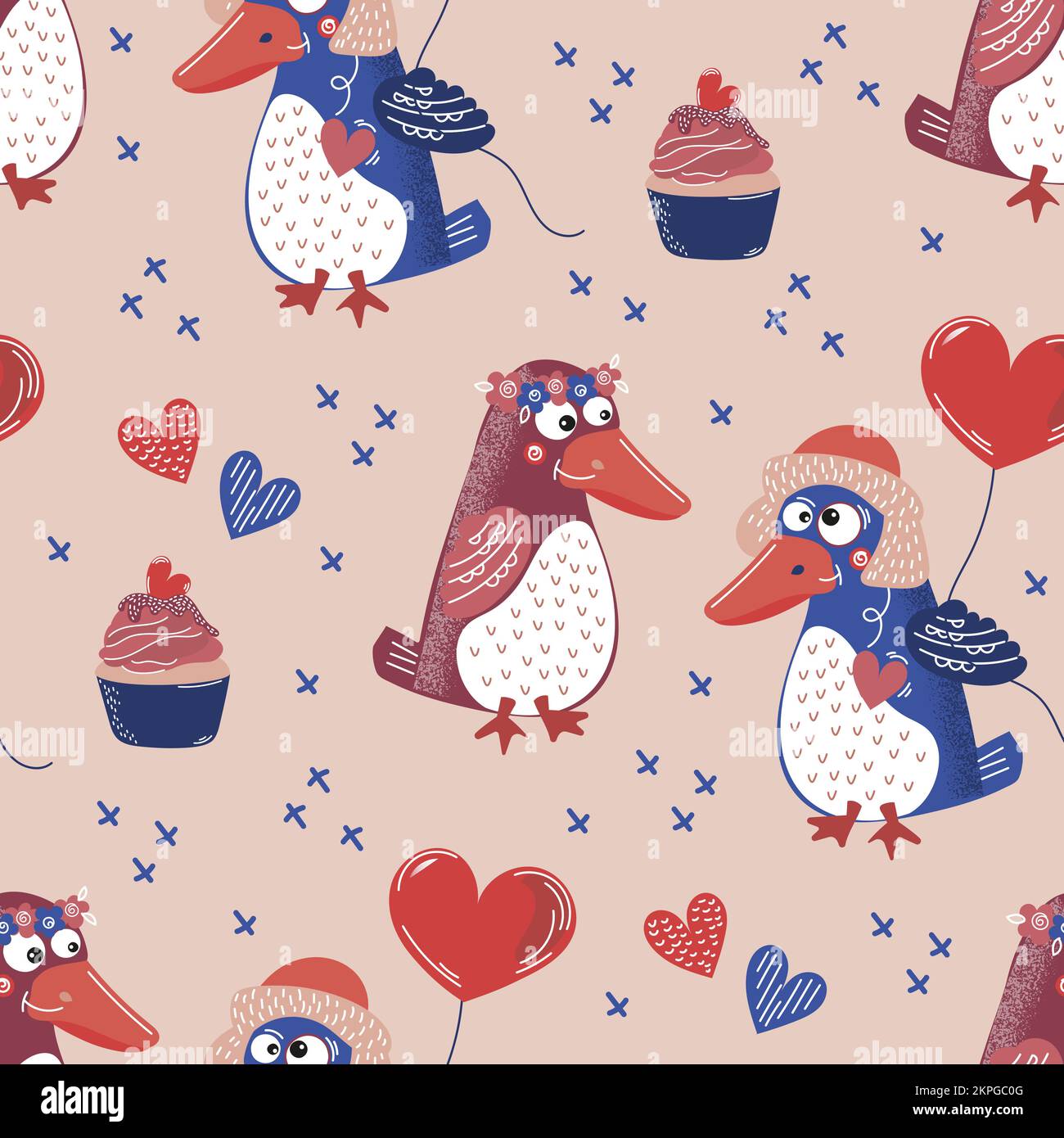 PINGOUIN LOVE Valentine Party Cartoon oiseau avec ballon et cupcake dessin à la main dessin à la main dessin à motif sans couture illustration vectorielle pour l'impression Illustration de Vecteur