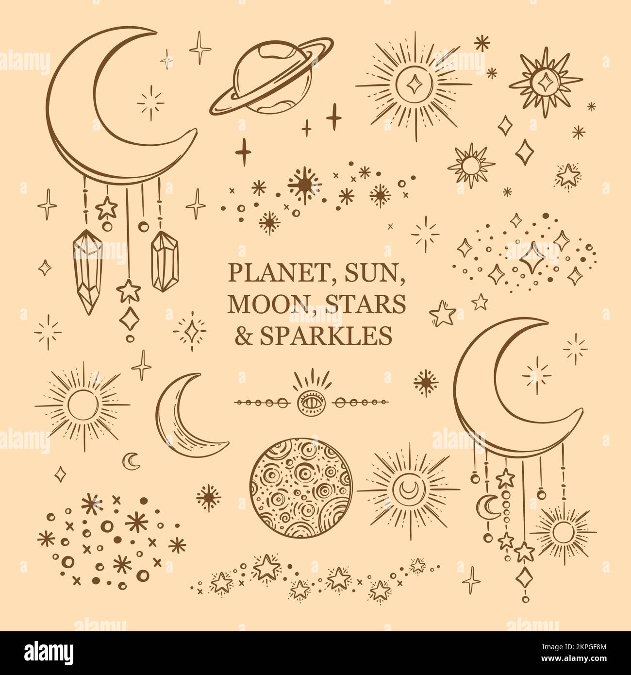 PLANET SUN LUNE Astronomical Mystique ensemble de symboles pour Tarot carte bannière Flyer affiche autocollant sorcellerie ésotérique dessinée à la main objets de conception magique Vect Illustration de Vecteur