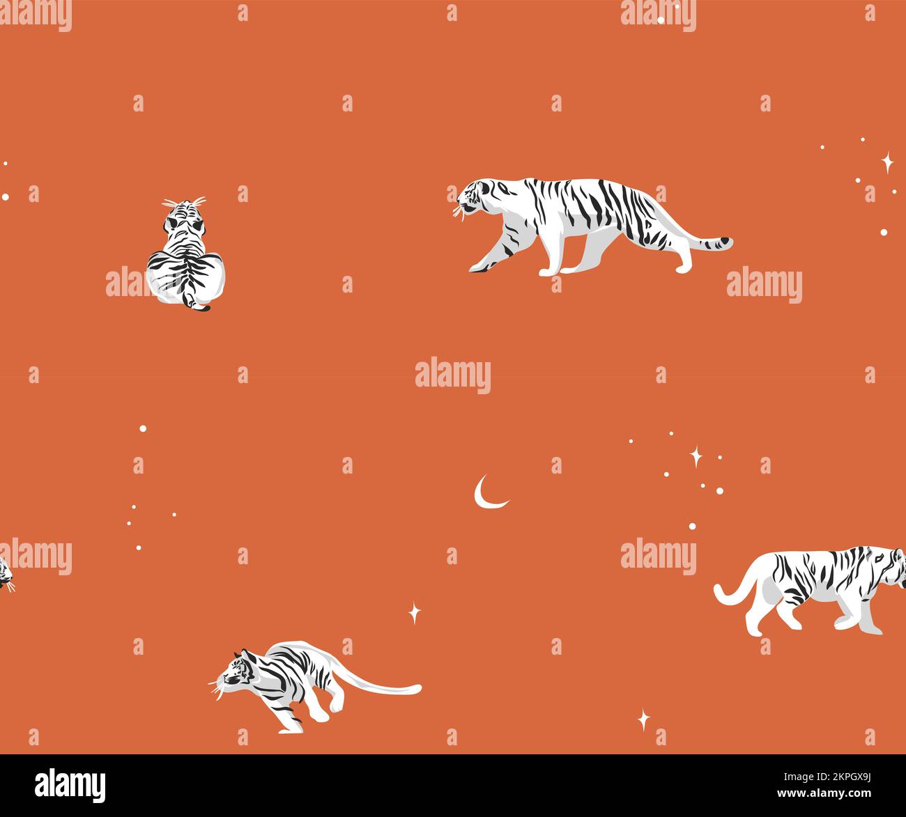 Dessin à la main vecteur abstrait illustrations graphiques modernes, safari boho imprimé contemporain sans couture avec exotiques tigres blancs animaux lune et Illustration de Vecteur