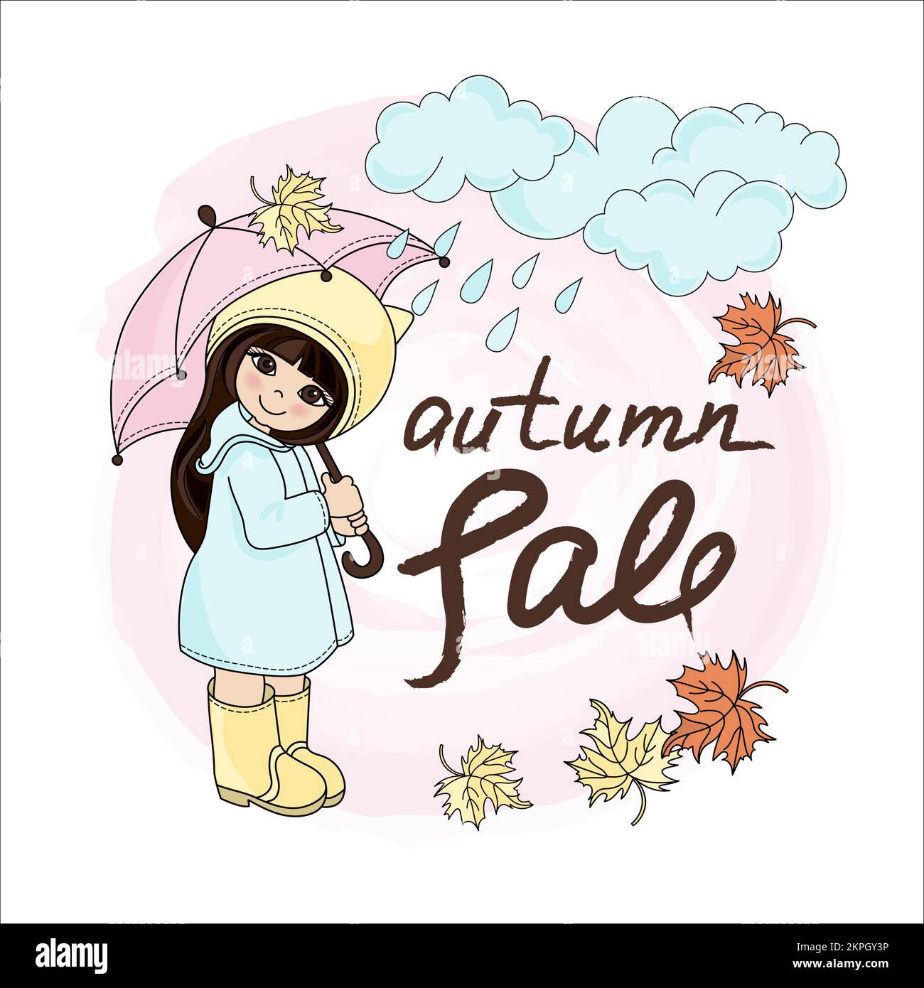 PLUVIEUX FILLE mignon bébé avec parapluie rose sous la pluie invite automne solde saison bannière avec écriture texte dessin animé clip Art Vector Illustration Set FO Illustration de Vecteur