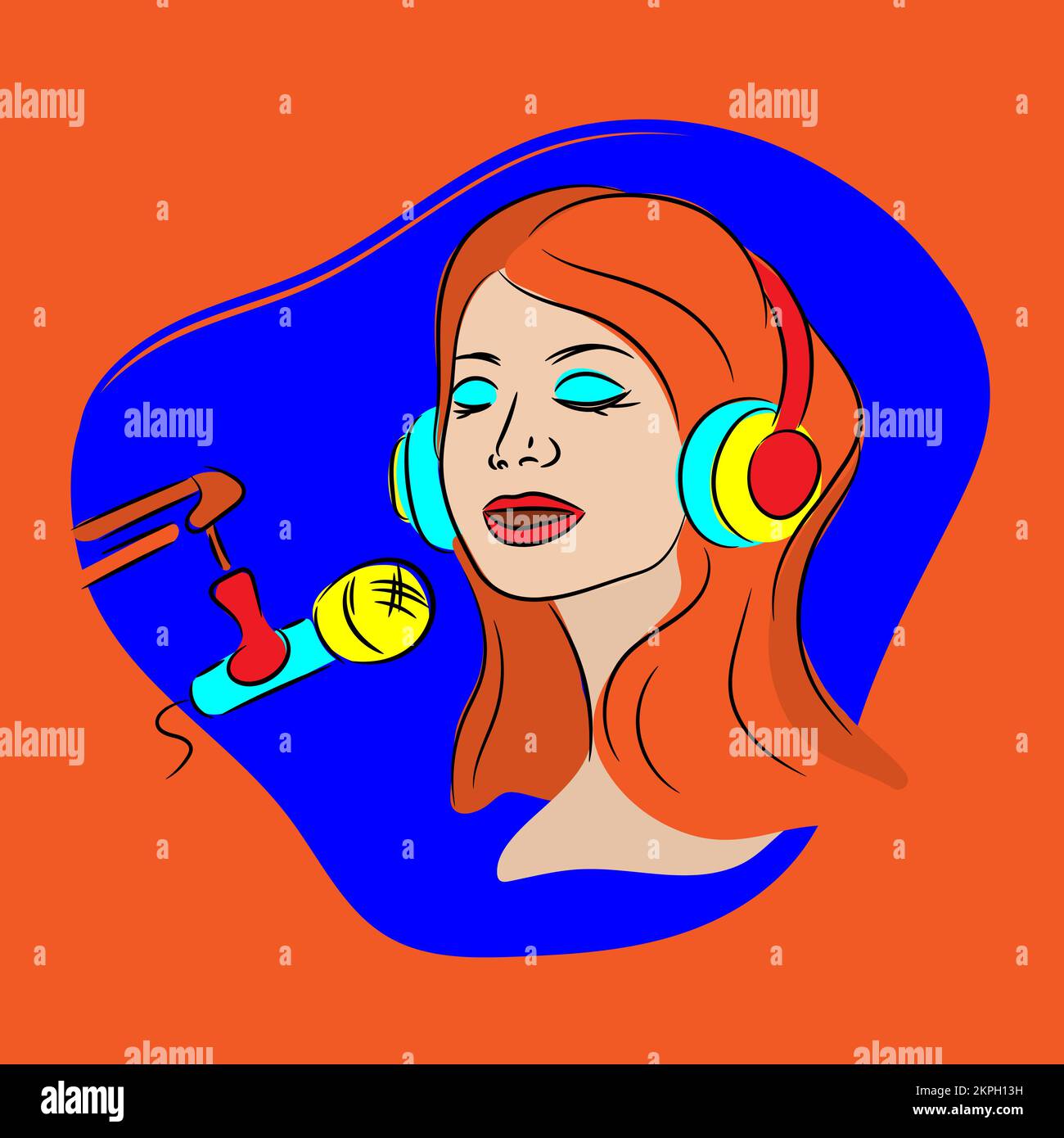 PODCAST Red Hayant Girl in Headphones diffuse sur Un microphone via Internet Music Video radio Online Cartoon clip Art Vector Illustration Set FO Illustration de Vecteur
