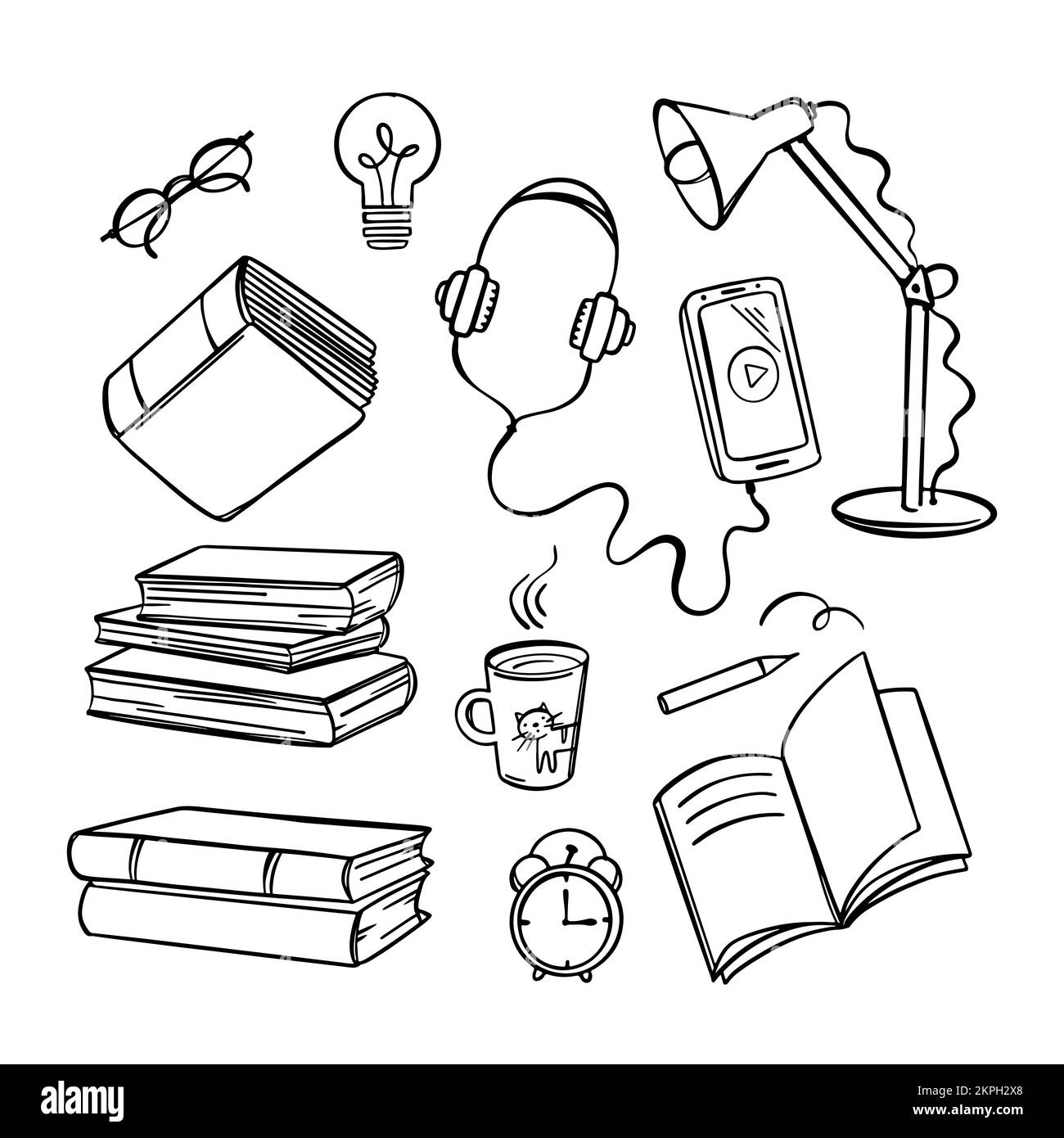 LIRE L'ÉDUCATION Bookstore Online concept Accueil éducation manuelle Vector Collection divers fournitures scolaires pour l'apprentissage des élèves sur Internet Doodl Illustration de Vecteur