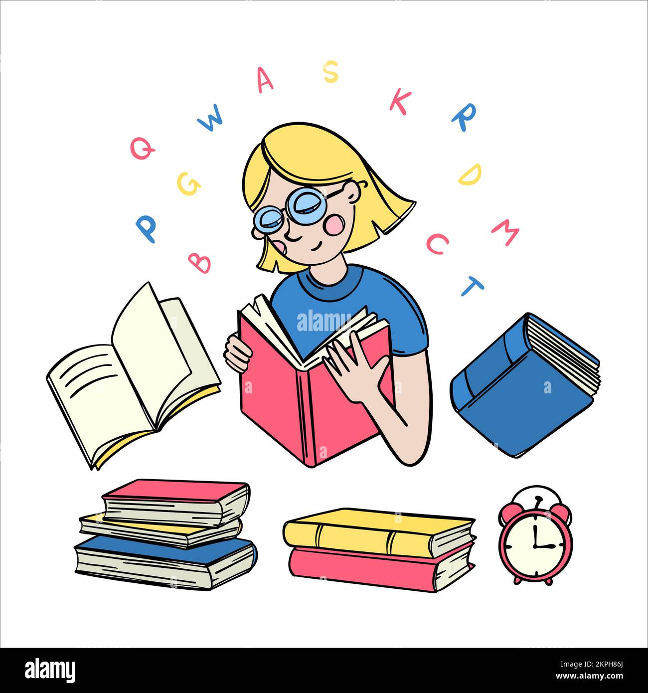 TEMPS DE LIRE la femme élève lit Schoolbook Accueil éducation coloré Doodle esquisse manuelle Vector Collection Auto-éducation Accueil apprentissage Nouveau Concep Illustration de Vecteur