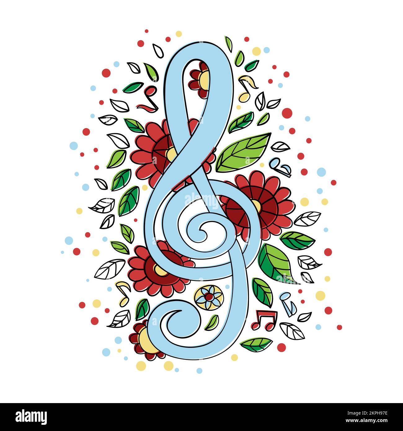 TREBLE CLEF symbole musical principal du monde en fleurs entourées feuilles et notes dessin animé Art Vector Illustration Set pour l'impression Illustration de Vecteur