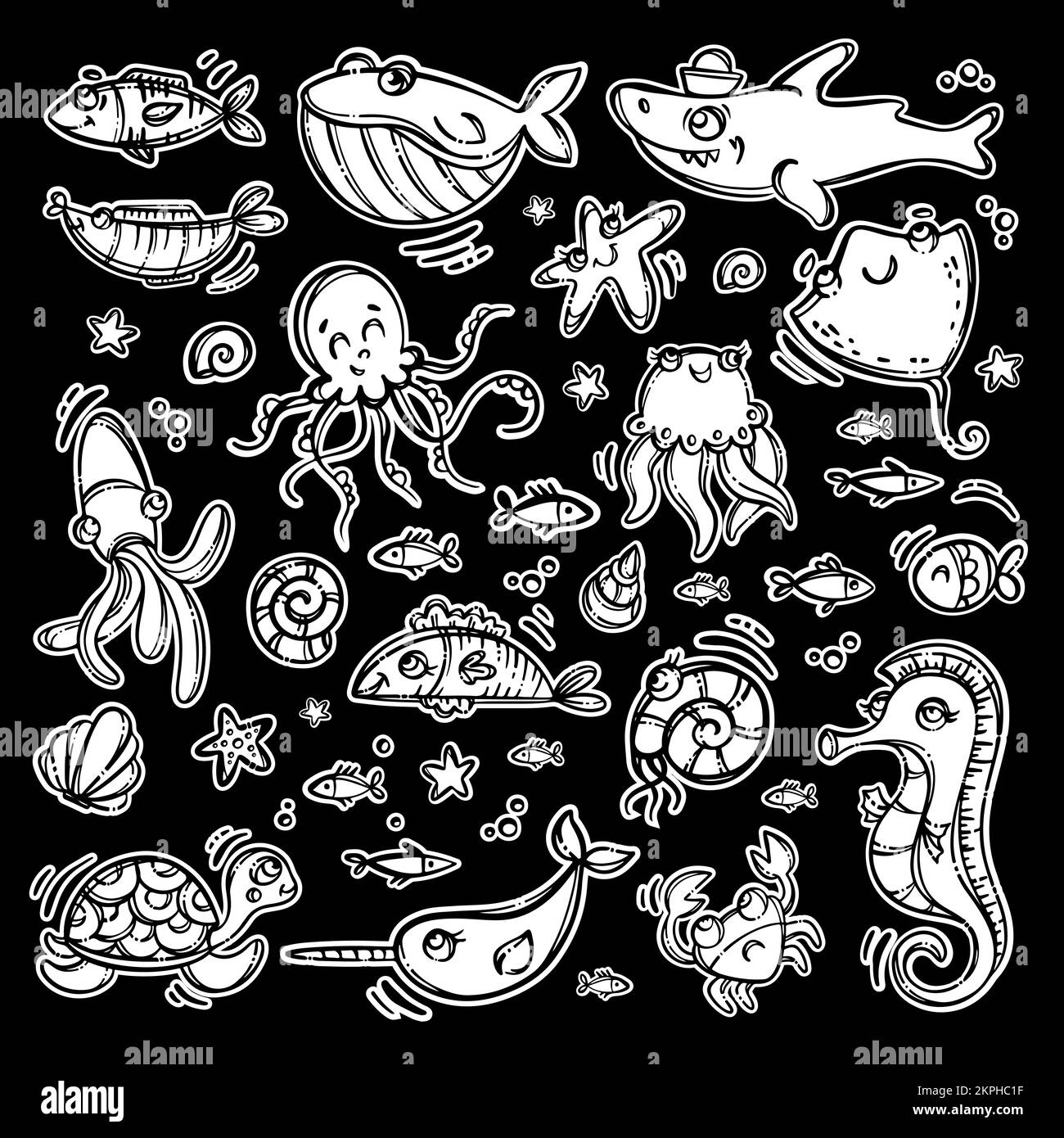 AUTOCOLLANTS ANIMAUX MARINS thème nautique Monochrome dessin main dessin animé Voyage Clipart Label Underwater World Vector Illustration Set pour l'impression et la coupe M Illustration de Vecteur