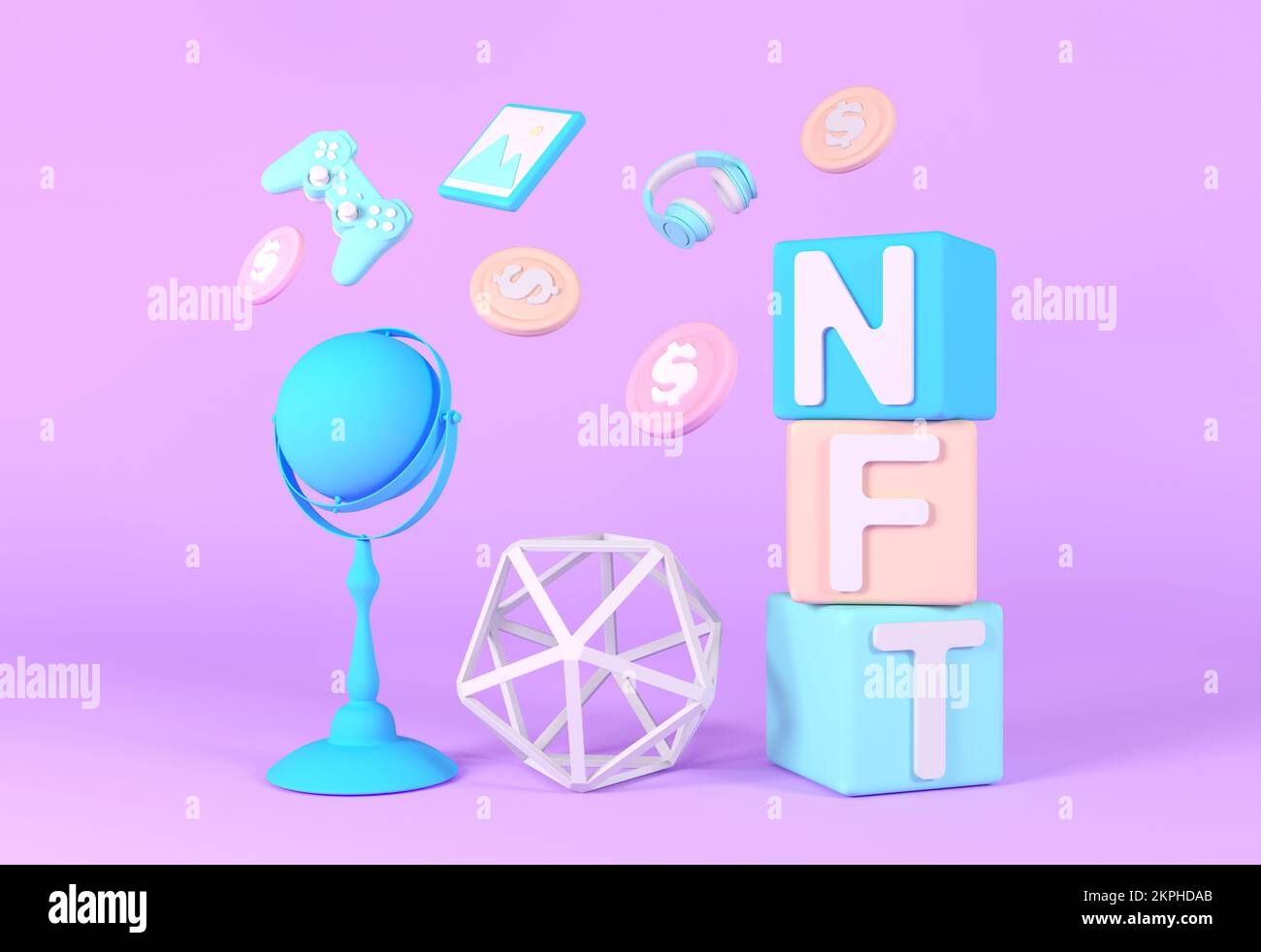 Bannière de jeton non fongible NFT, symbole d'icône nft 3D. Concept de NFT, minimal, couleurs pastel. Crypto art, musique, jeux, blockchain Banque D'Images