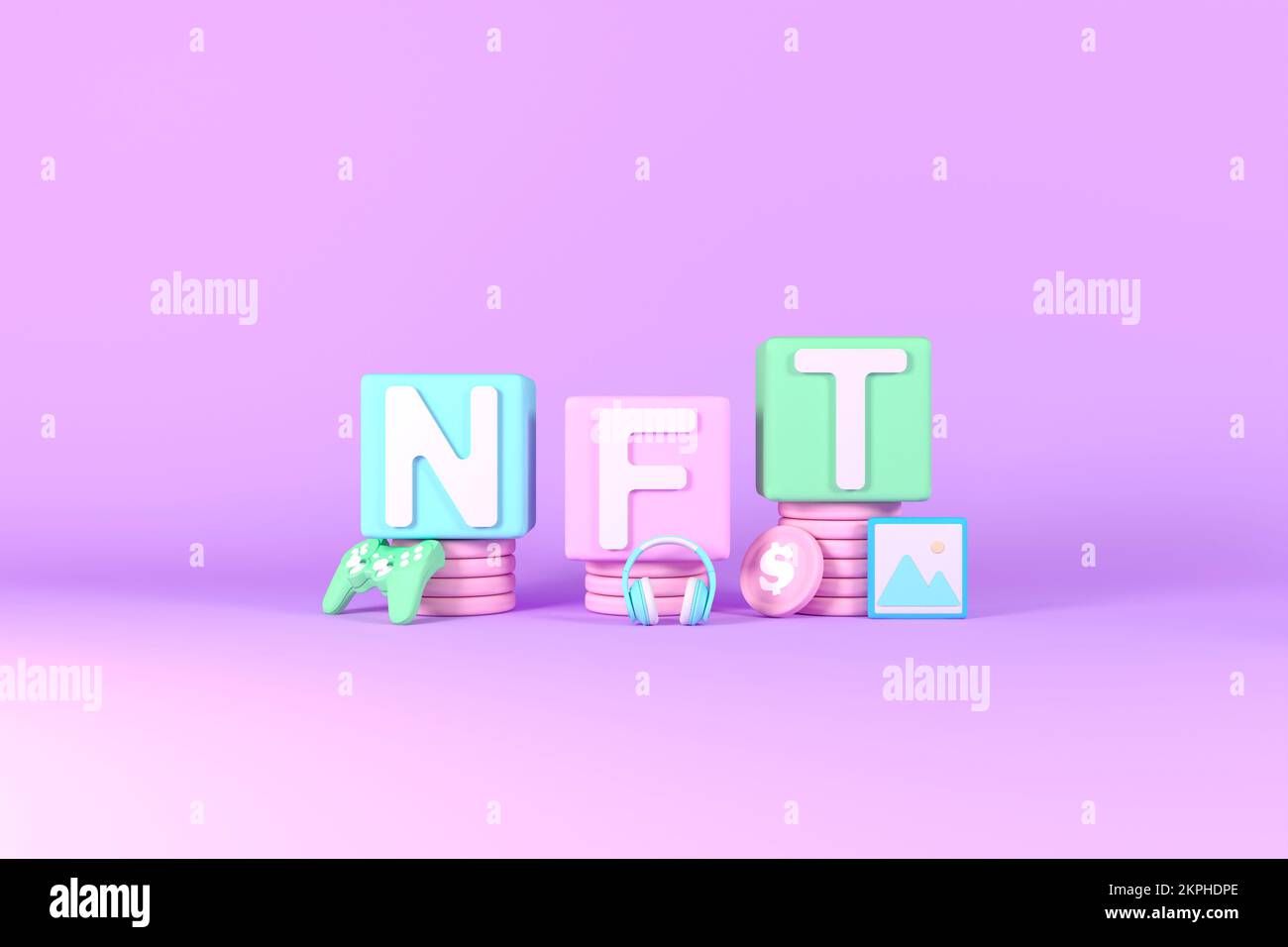 Bannière de jeton non fongible NFT, symbole d'icône nft 3D. Concept de NFT, minimal, couleurs pastel. Crypto art, musique, jeux, blockchain Banque D'Images