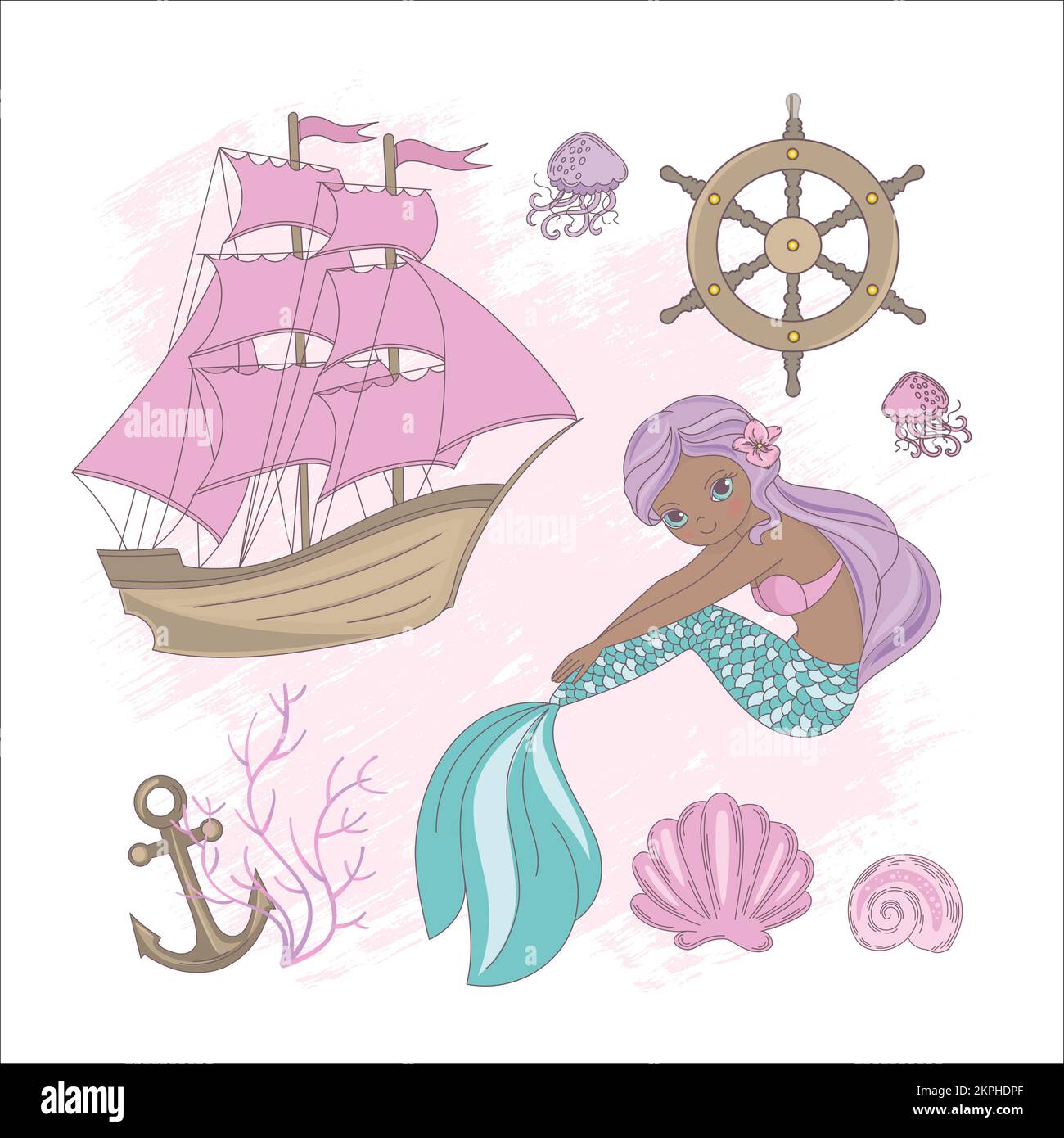 BATEAU MERMAID Dark skinned long cheveux Princess Girl et Sialboat avec Pink Sails Sea Cruise Vacation Cartoon clip Art Vector Illustration Set pour Prin Illustration de Vecteur