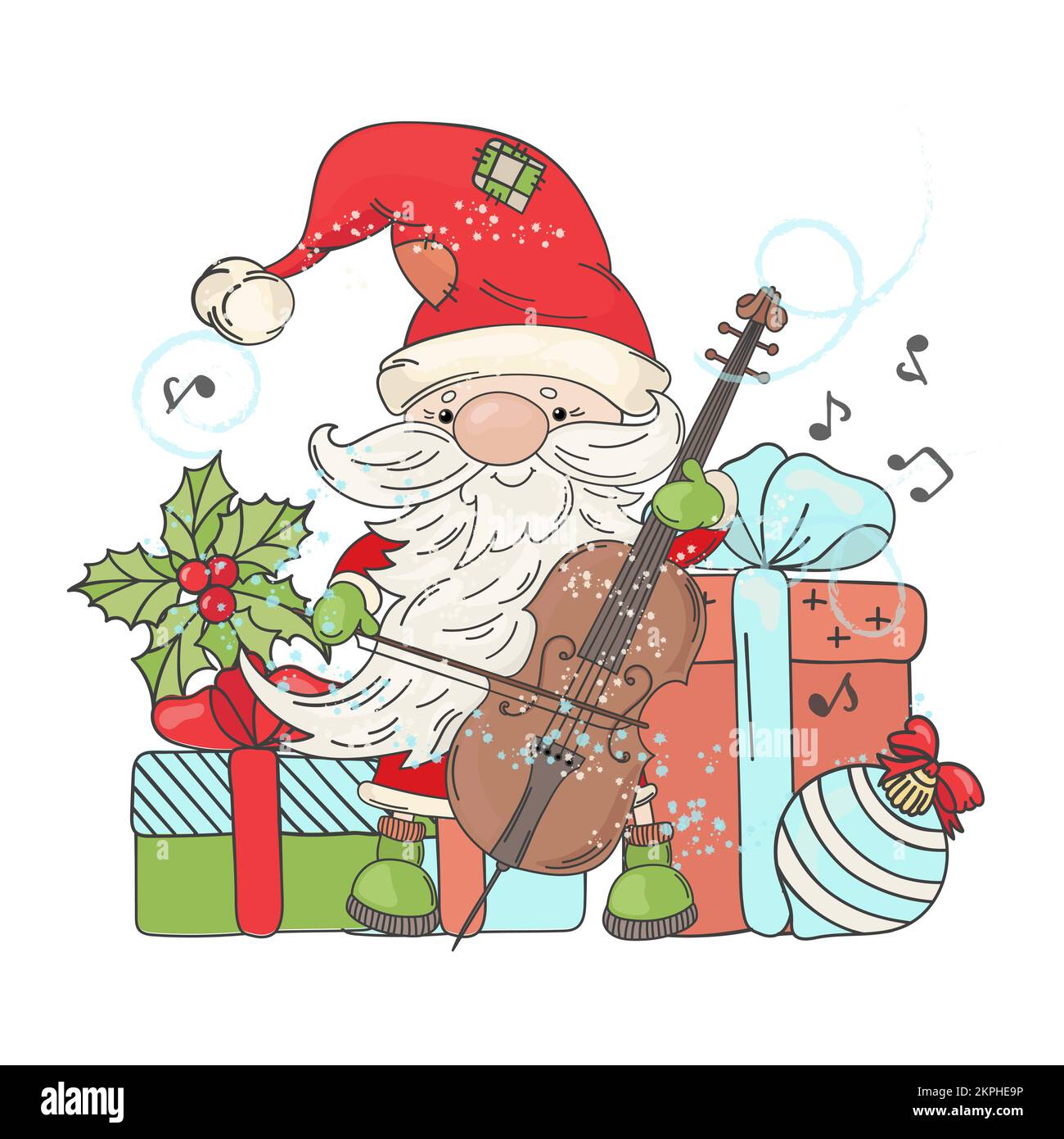 SANTA CONCERT pièces Cello féliciter tout le monde bonne année Joyeux Noël sourire musical mignon clip Art Vector Illustration Set pour l'impression Illustration de Vecteur