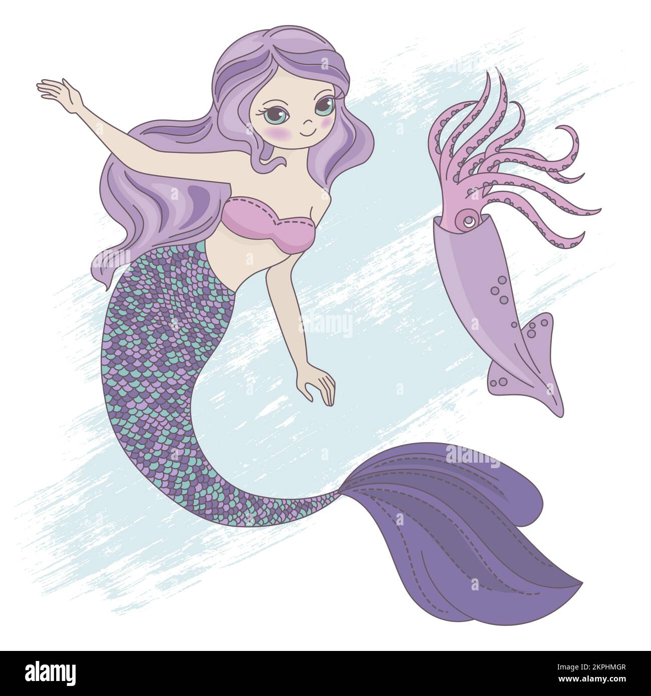 SQUID MERMAID Sea Princess Girl à poil long rose et son animal de compagnie en couleurs roses dessin animé sous-marin clip Art Vector Illustration Set pour l'impression Illustration de Vecteur