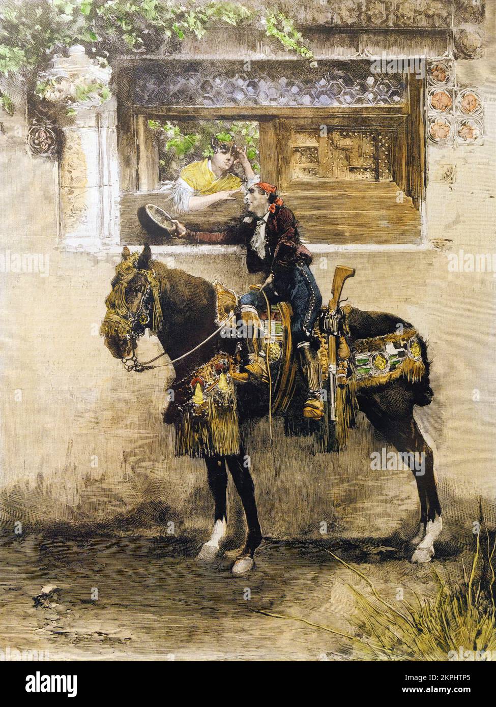 L'adieu du Smuggler. Après une coupe de bois de 19th siècle par l'artiste et illustrateur espagnol Jose Garcia y Ramos, 1852 - 1912. Garcia y Ramos était un représentant du mouvement Cobutborismo qui a atteint un pic de popularité au 19th siècle dans les arts visuels et littéraires en Espagne et en Amérique du Sud. Ses peintures sont accrochées au Museo del Prado de Madrid et au Museo Carmen Thyssen de Malaga. Banque D'Images