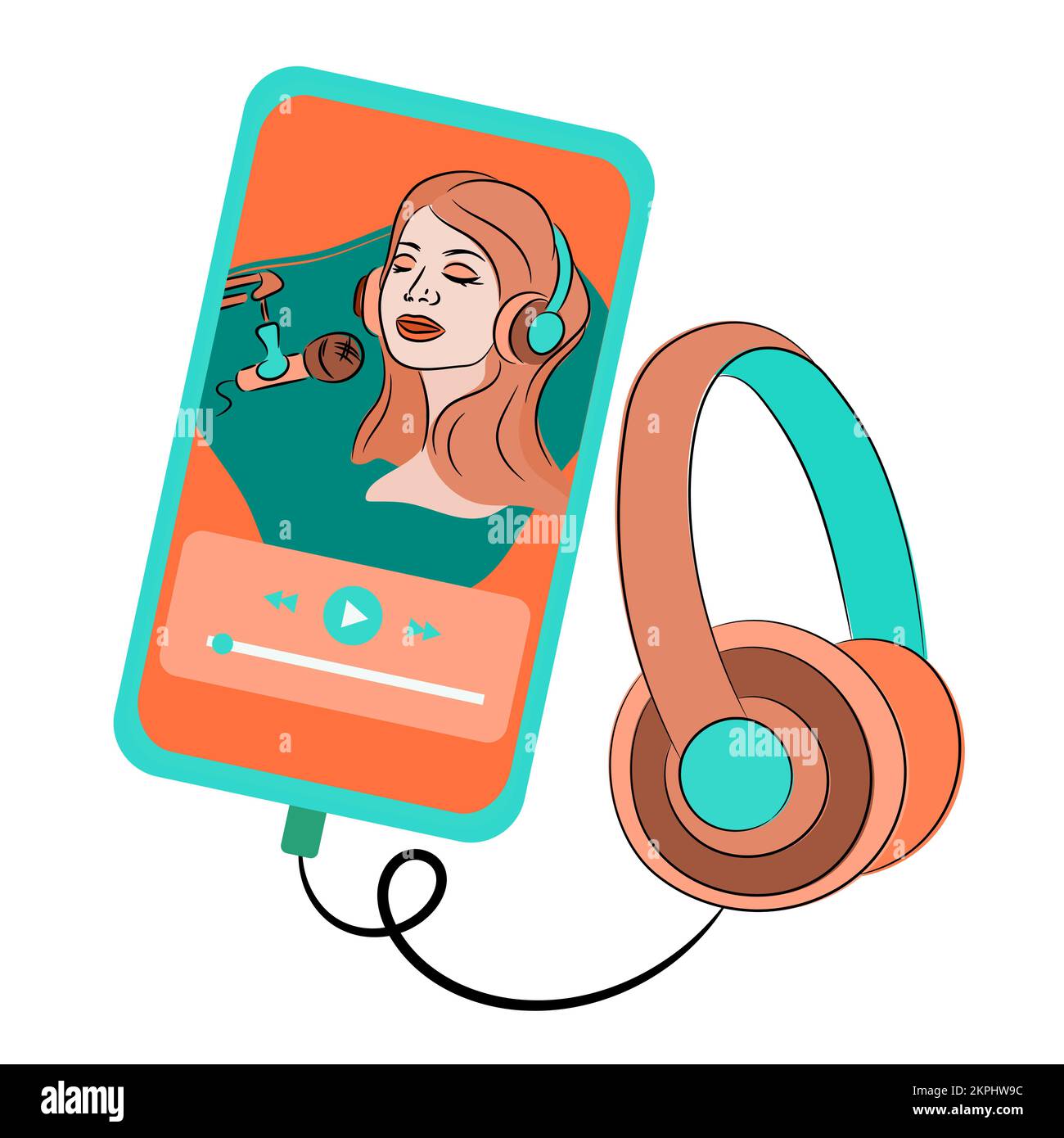 VIRTUAL MUSIC Player Internet Ecoute en ligne chanteur à cheveux rouges au microphone dans smartphone avec casque clip Art Vector Illustration Set Illustration de Vecteur