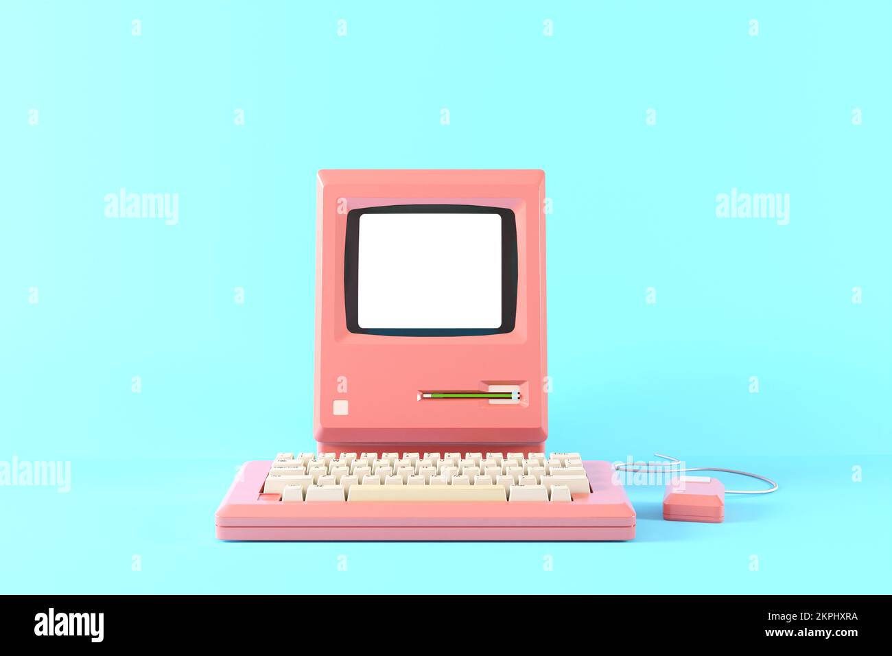 Vieux ordinateur rose. Ordinateur rétro rose. Unité système, moniteur, clavier et souris Duotone Mock Up sur fond bleu. 3D ordinateur Vintage Banque D'Images