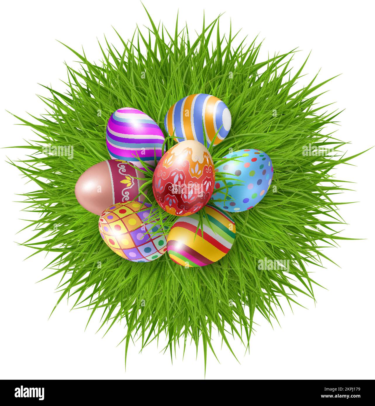 Sept œufs de Pâques aux couleurs vives sur une bande ronde de gazon vert sur blanc pour célébrer la saison des fêtes Illustration de Vecteur