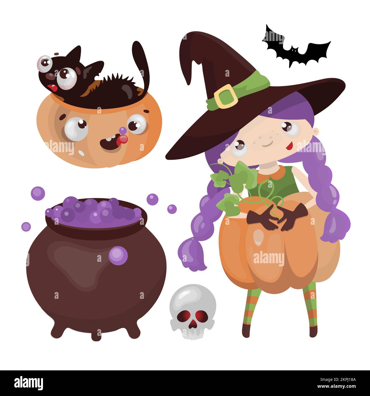 SORCIÈRE HALLOWEEN main dessin à plat dessin dessin animé dessin animé dessin animé Art personnage Horror Holiday Vector Illustration jeu pour l'impression Illustration de Vecteur