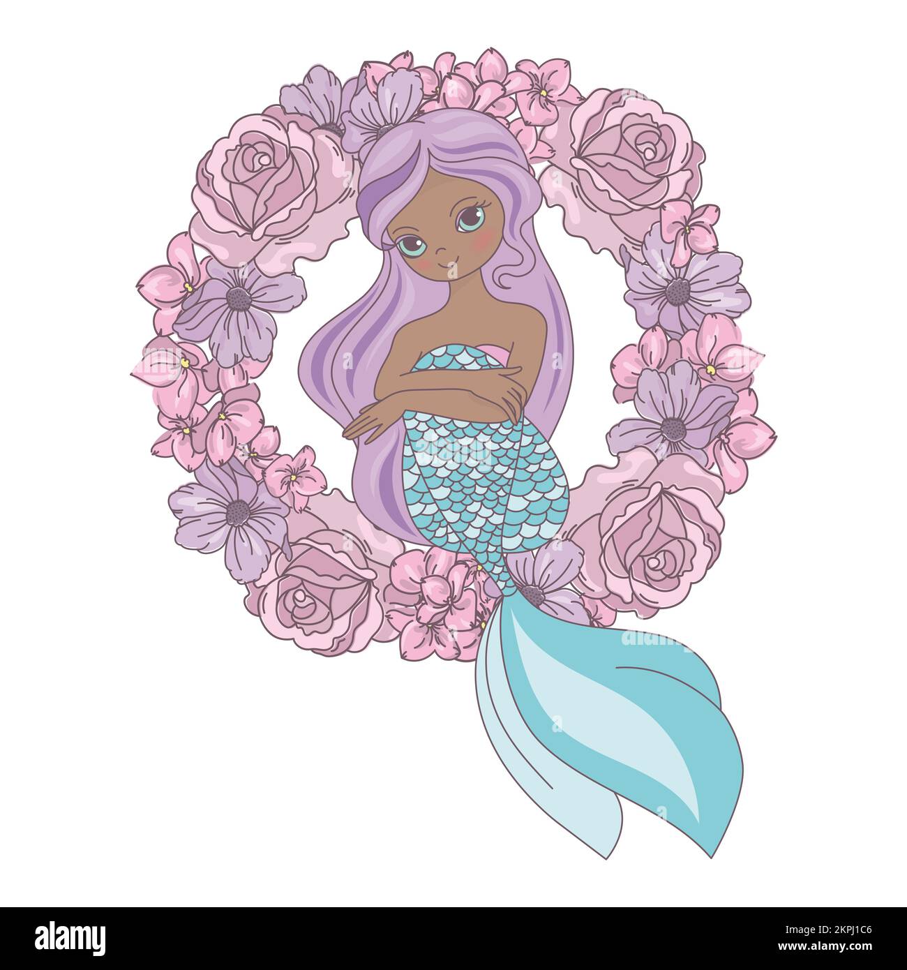 COURONNE MERMAID Dark skinned Princess Girl avec de longs cheveux violets en composition florale de Rose Abstract fleurs dessin animé Art Vector Illustration Illustration de Vecteur