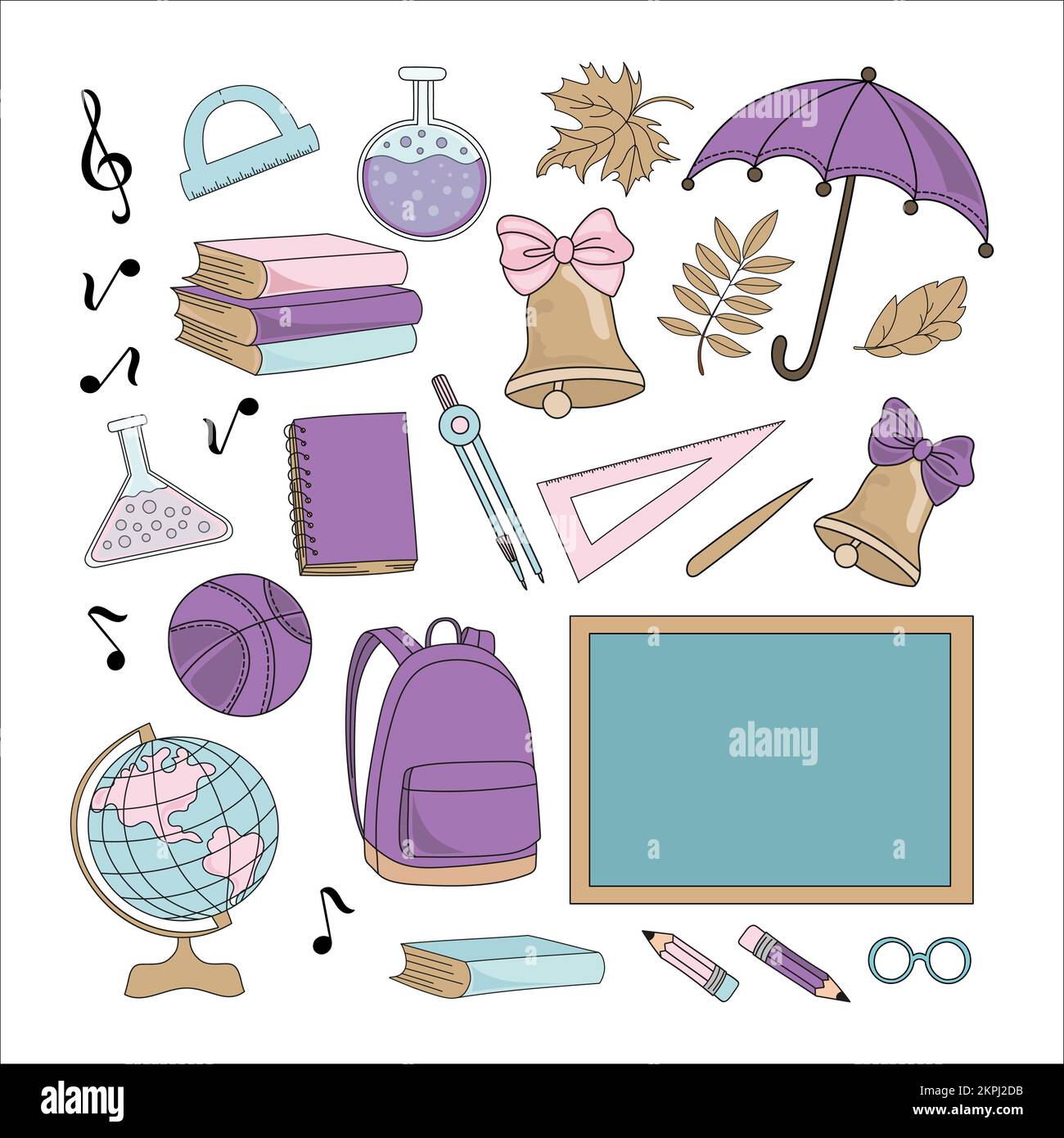 ÉCOLE ET FOURNITURES éducation Tableau de surveillance Sac scolaire Livres Boussole Chemical masques crayons et École Bell dessin animé Art Vector Illustration Set for Illustration de Vecteur