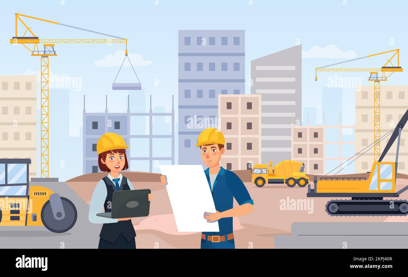 Le directeur et l'architecte discutent du projet sur papier. Les personnes portant un casque sur le chantier et se tenant devant le bloc de construction des appartements. Moteur Illustration de Vecteur