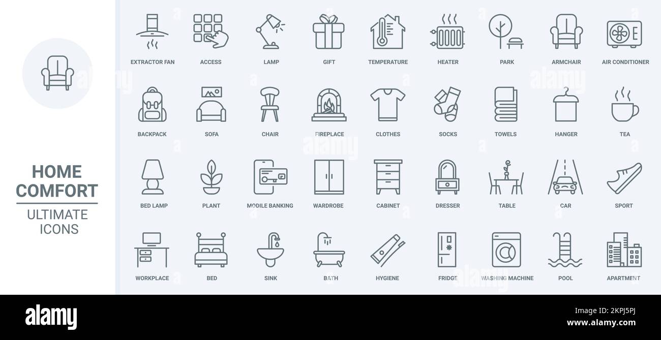 Mobilier et équipement, éléments de maison lignes fines icônes définir l'illustration vectorielle. Résumé contour maison design intérieur, appartement mobilier symboles pour le salon, chambre, cuisine et salle de bains Illustration de Vecteur