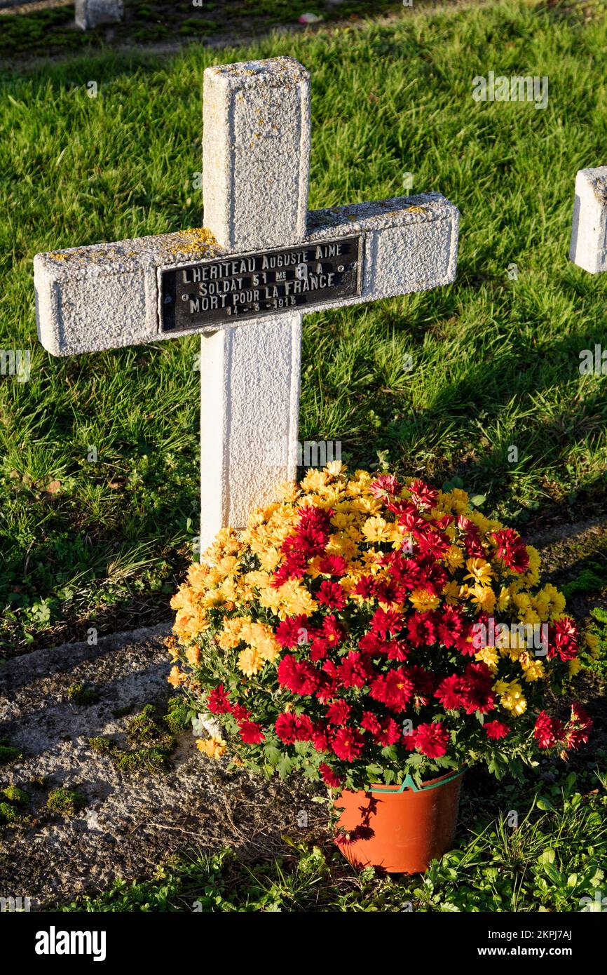 Souvenirs vivants - une tombe de soldat français de la première Guerre mondiale honorée de fleurs fraîches - cimetière de la Bouteillerie, Nantes, Loire-Atlantique, France Banque D'Images