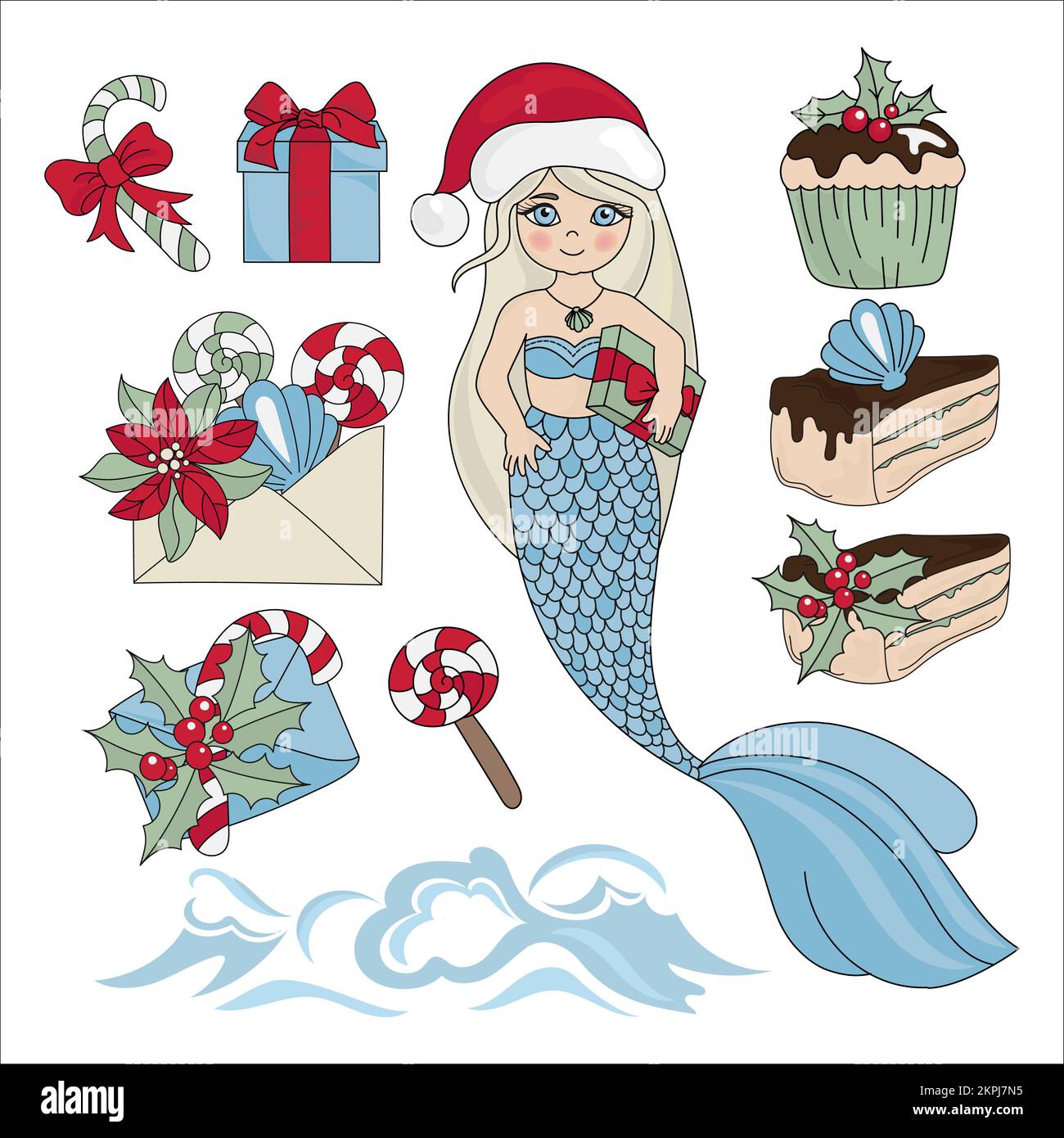 SWEET MERMAID CHRISTMAS long cheveux Princesse fille dans le chapeau de Santa avec boîte-cadeau sucettes et gâteaux dessert Cartoon clip Art Vector Illustration Set pour P Illustration de Vecteur