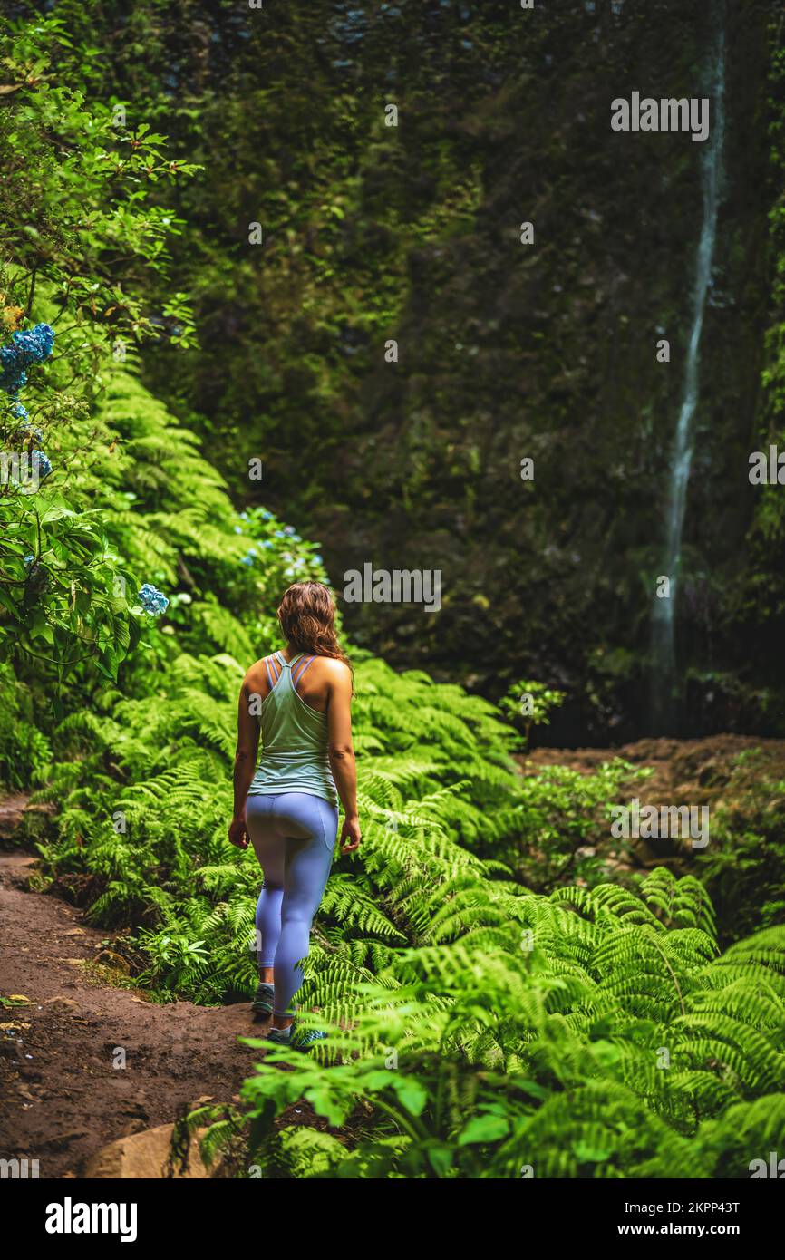 Description: Femme sportive se présente à une impressionnante cascade dans la jungle avec de belles fleurs et fougères. Levada de Caldeirão Verde, île de Madère Banque D'Images