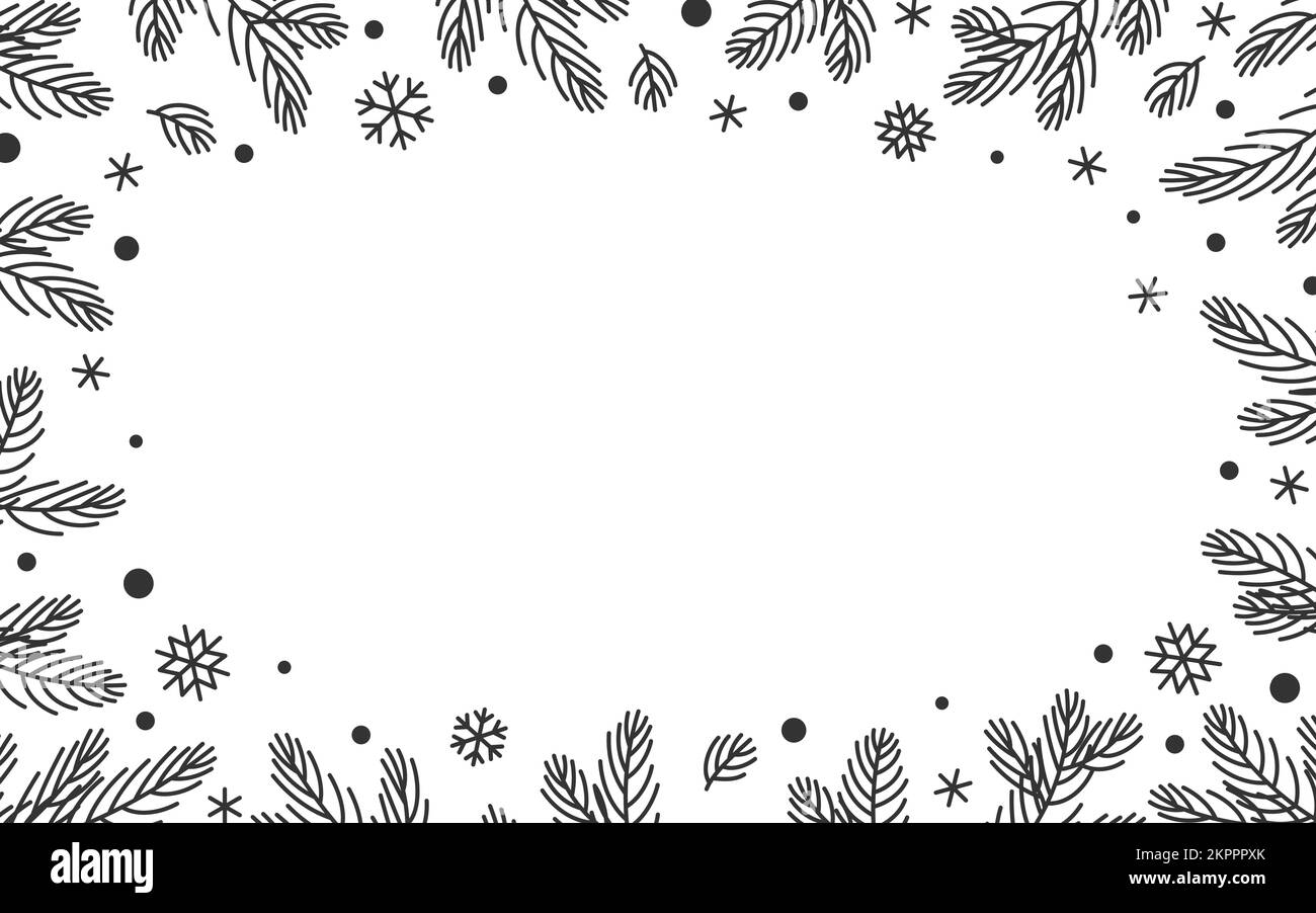 Branches d'arbre de Noël, tombant des flocons de neige givré bordure avec espace pour le texte. Cadre floral en forme de brindilles de sapin d'hiver pour banderole de carte de vœux de Noël, prospectus d'invitation à un événement de fête, bon de bon cadeau Illustration de Vecteur