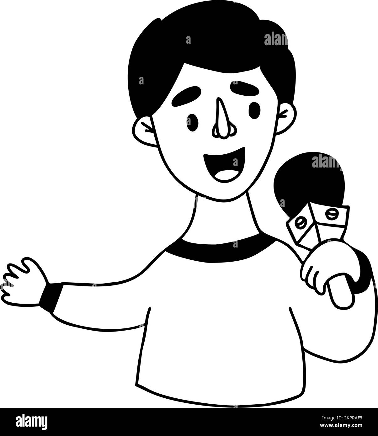 Portrait d'un homme journaliste à la tête avec microphone. Illustration vectorielle de style doodle linéaire. Personnage masculin conceptuel, profession moderne et séjour Illustration de Vecteur